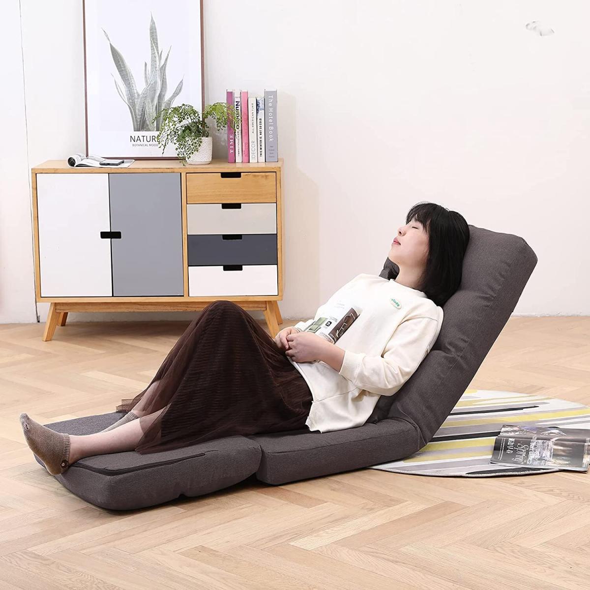 Folding Floor Chair Adjustable 14 Angles with Pillow for Gaming Relaxing - Brown – image 4