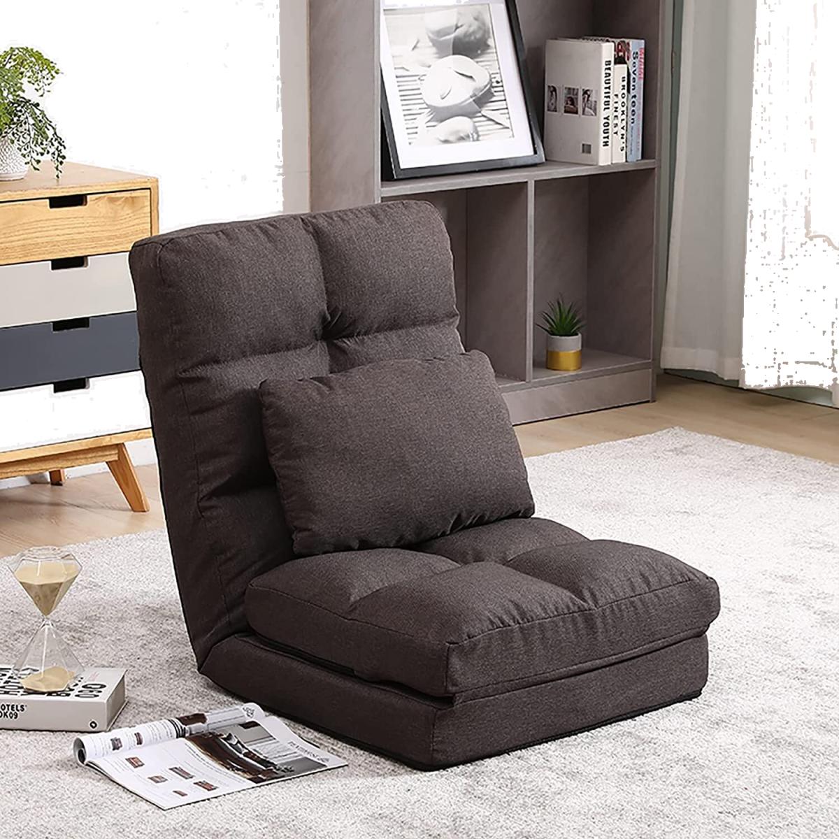 Folding Floor Chair Adjustable 14 Angles with Pillow for Gaming Relaxing - Brown – image 1