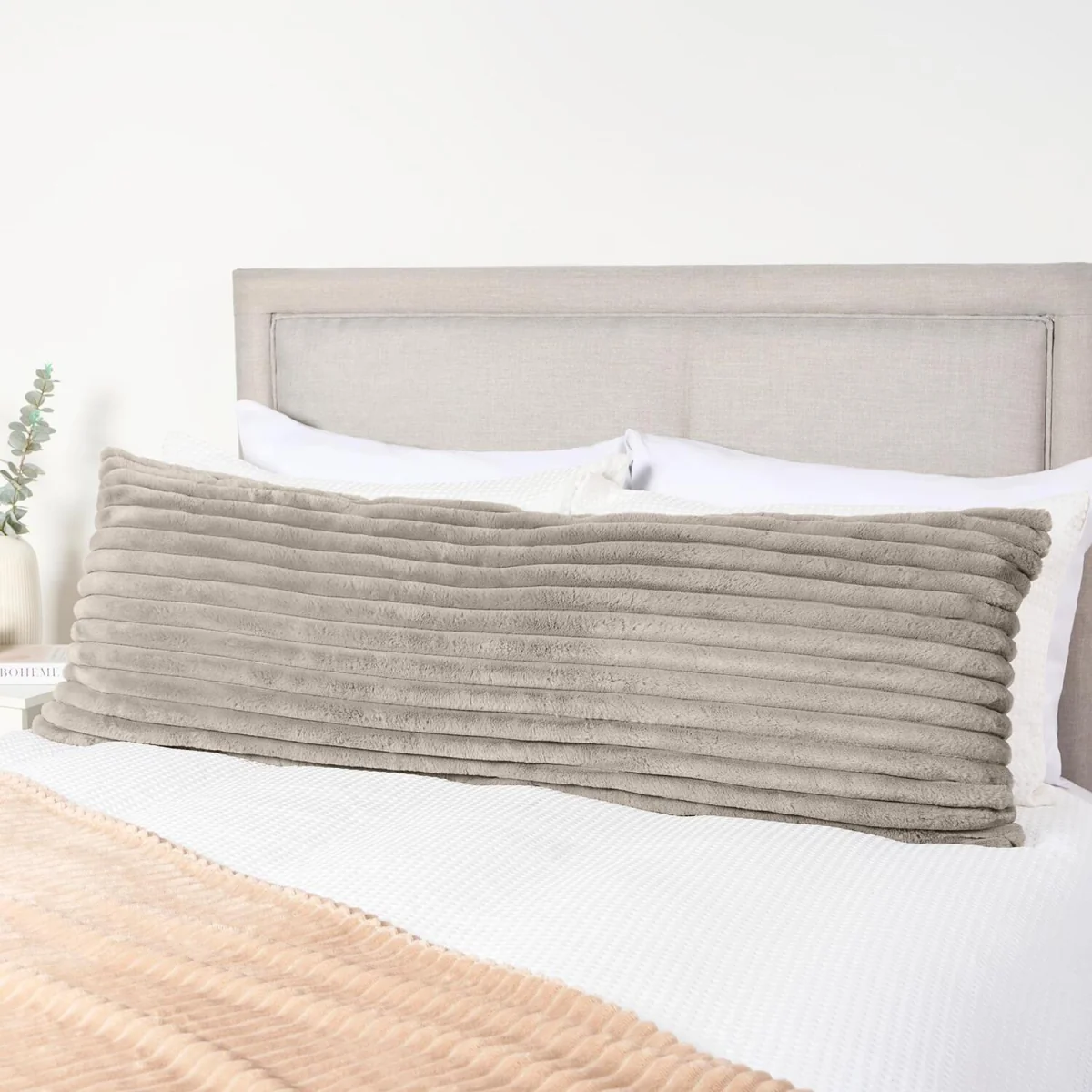OHS Ribbed Faux Fur Bolster Pillow - Grey – image 2