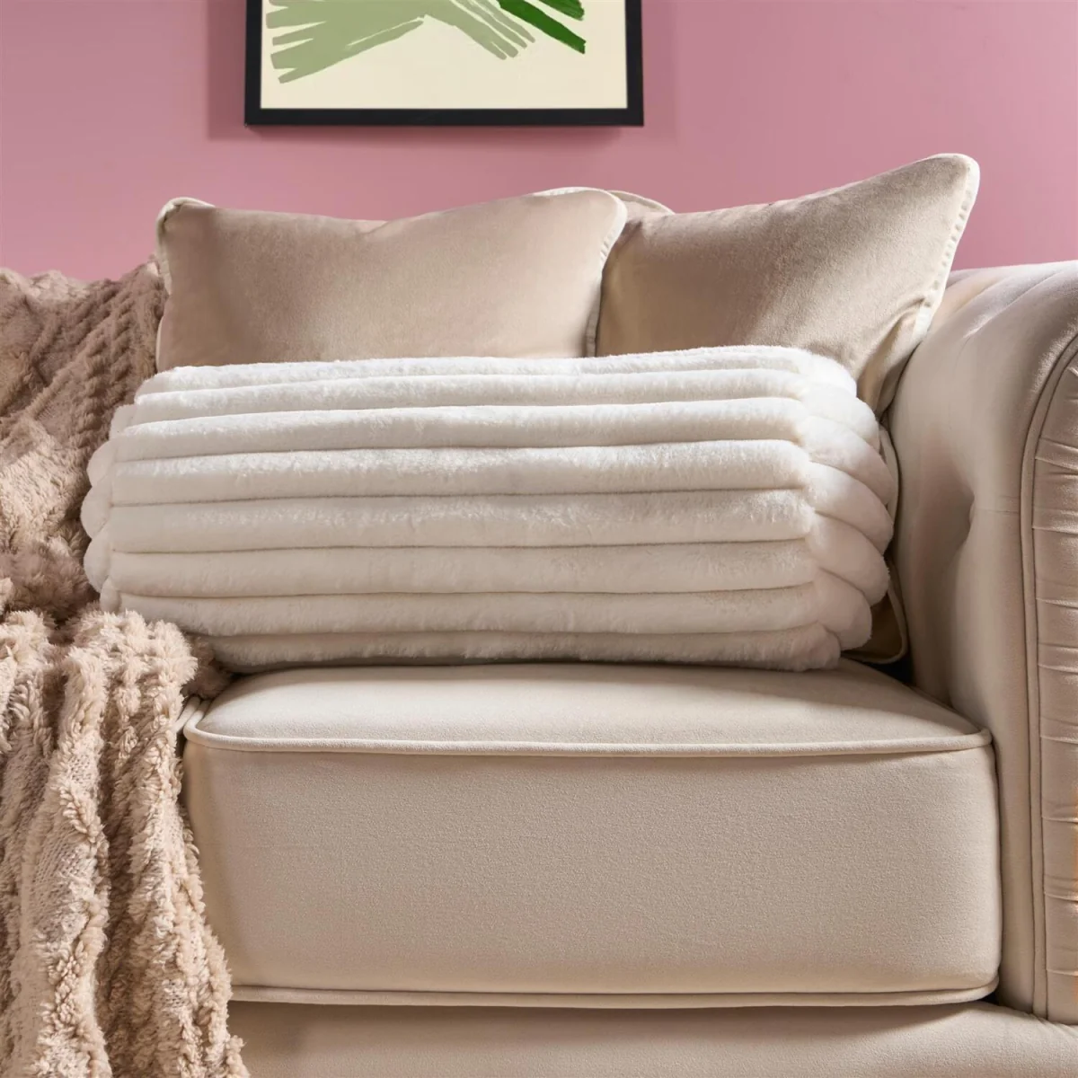 OHS Faux Fur Ribbed Bolster Pillow - Cream – image 2