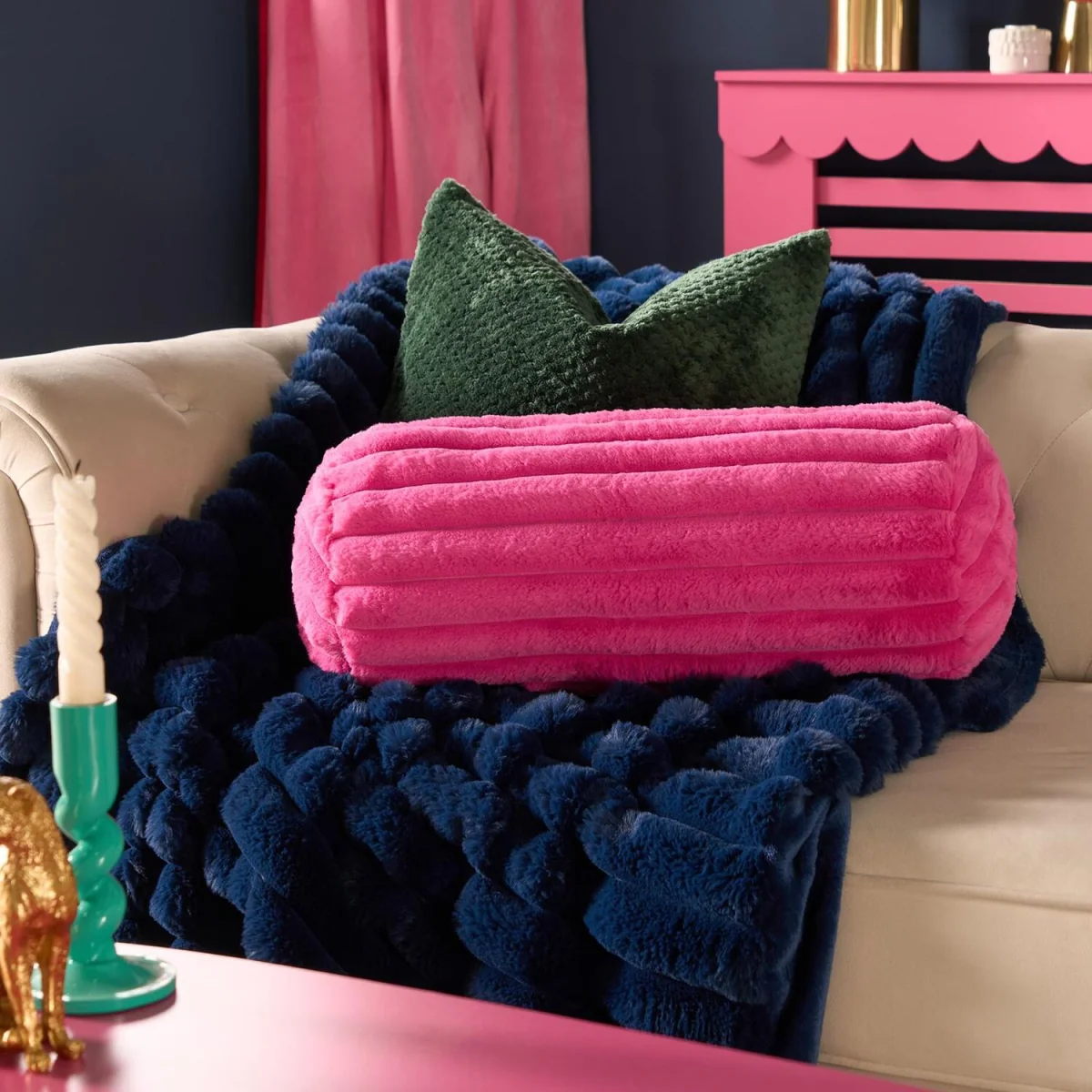 OHS Faux Fur Ribbed Bolster Pillow - Hot Pink – image 2