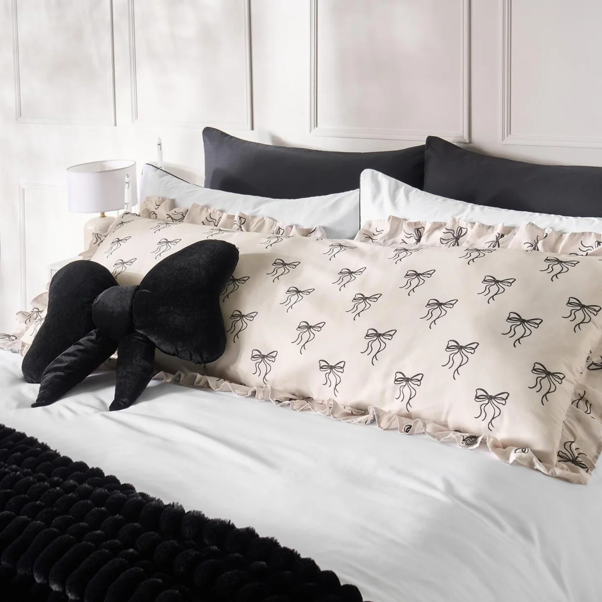 OHS Bow Print Frill Edge Bolster Pillow - Monochrome – image 2