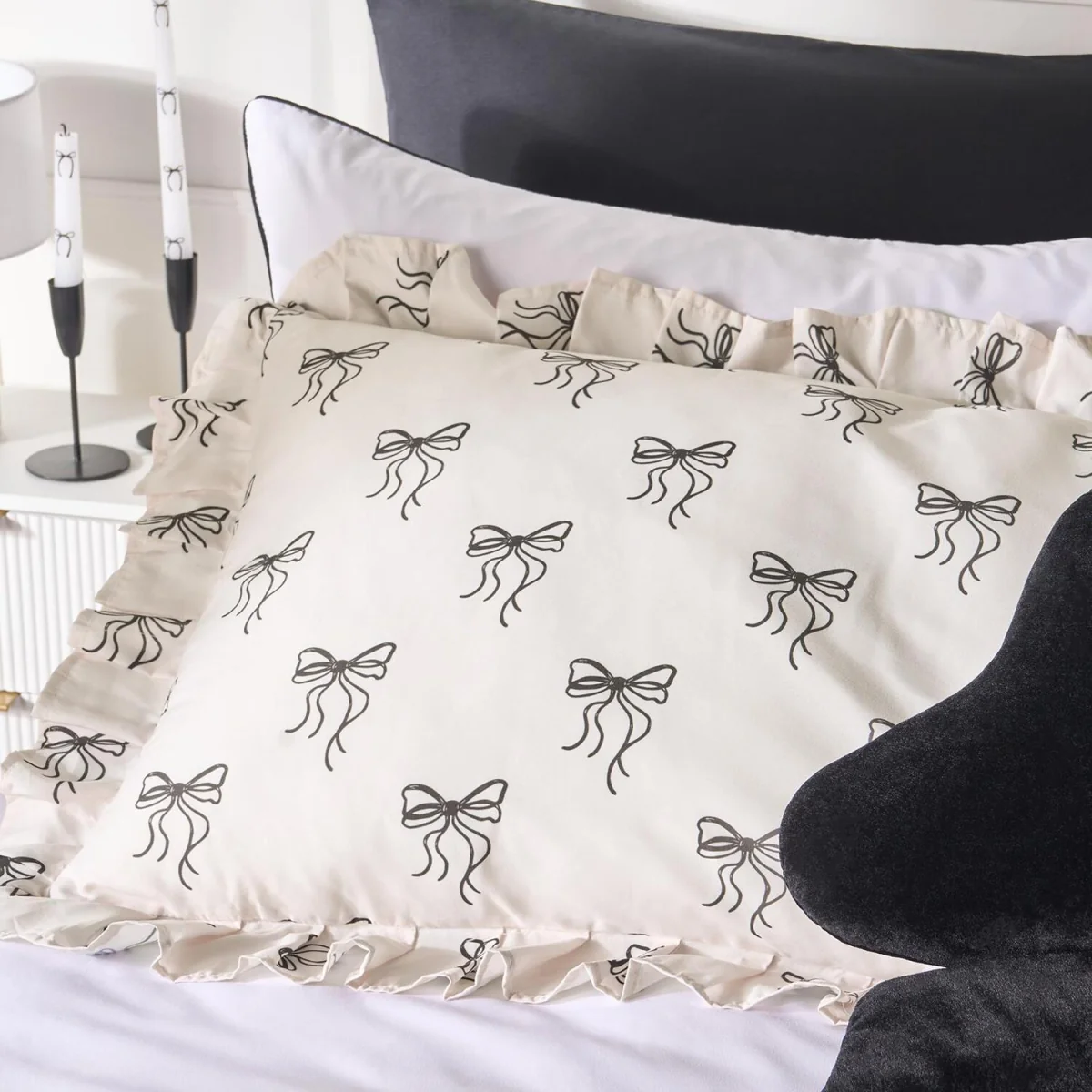 OHS Bow Print Frill Edge Bolster Pillow - Monochrome – image 3