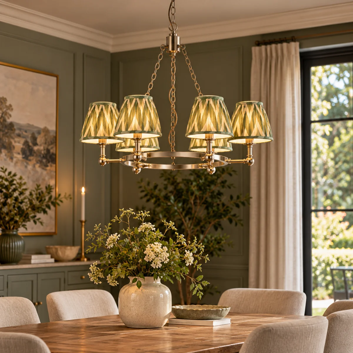 Arabella 6 Light Nickel Chandelier with Green Zigzag Shades – image 1