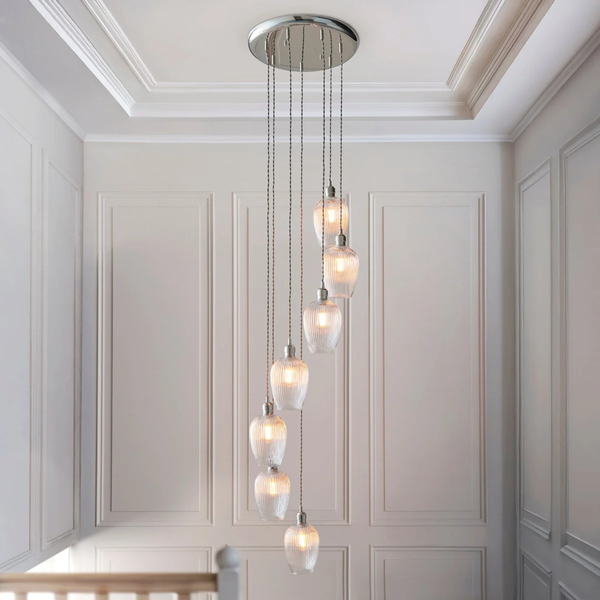 Stourton 7 Light Nickel & Ribbed Glass Cascade Pendant Light – image 1