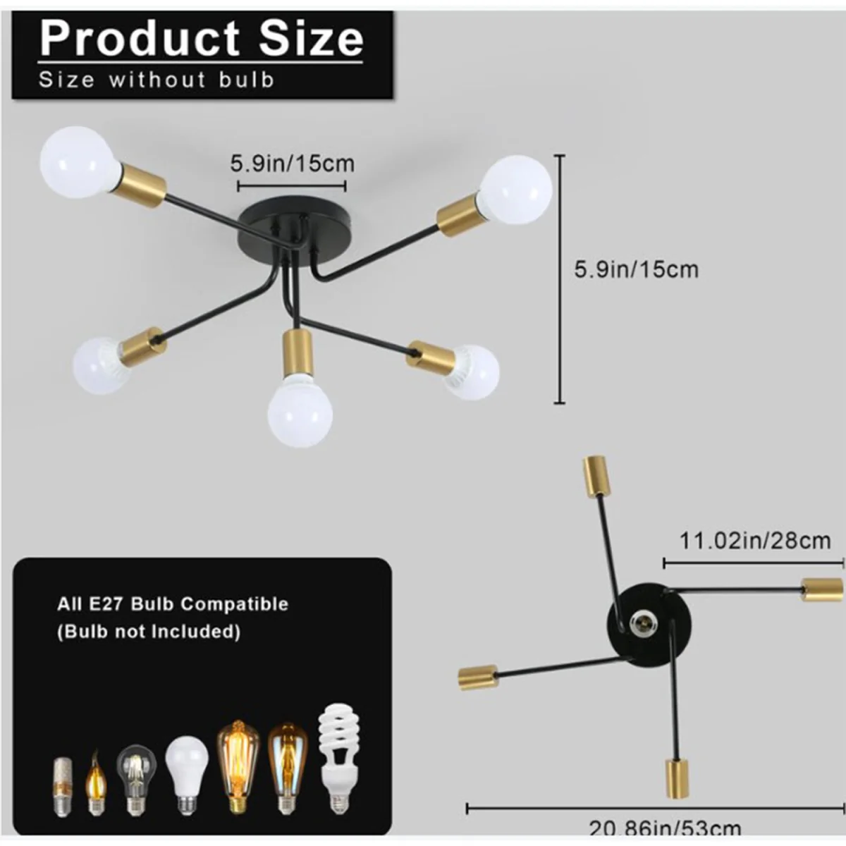 Chandelier Black and Gold 5Lights - Black – image 2