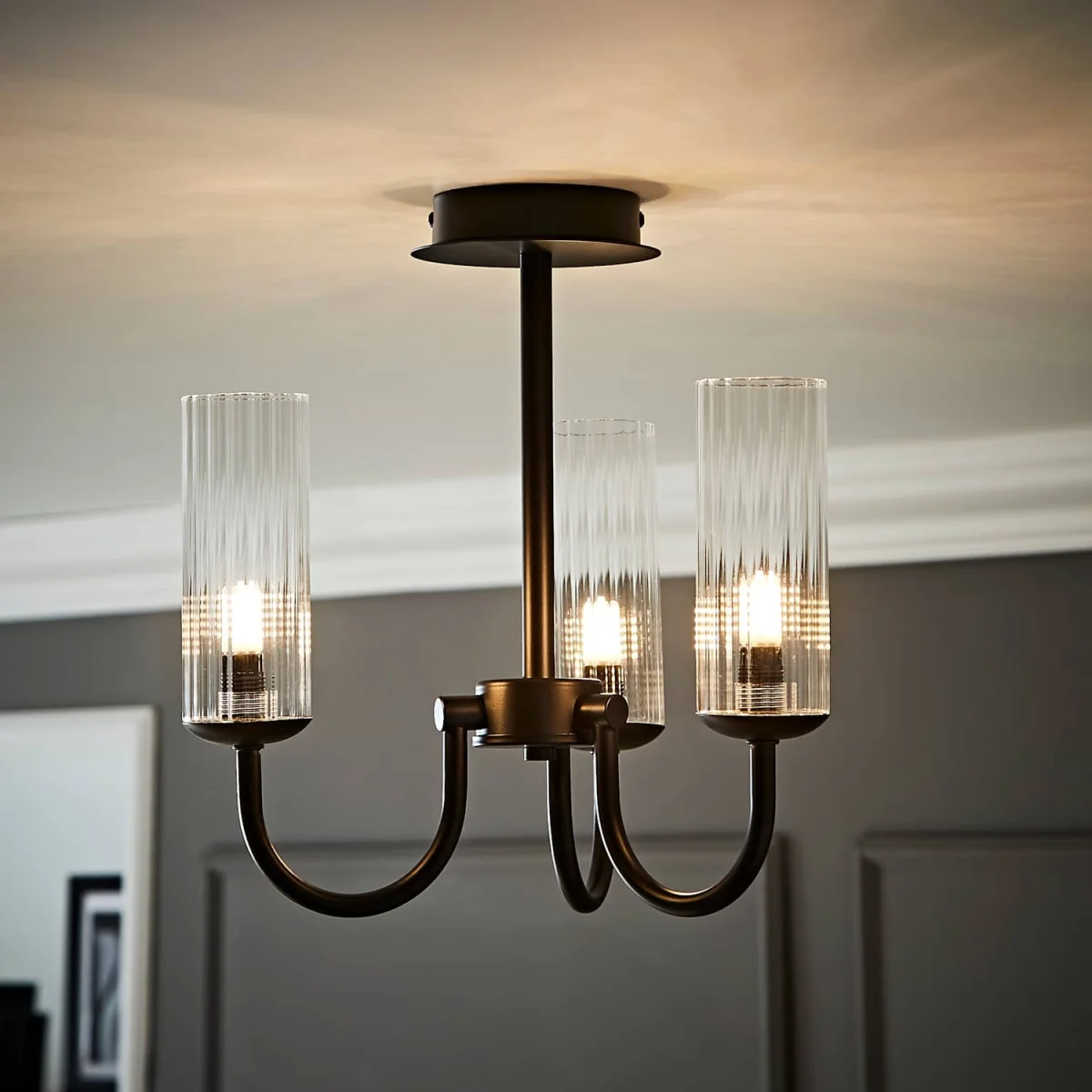 Canya 3 Way Chandelier Ceiling Light with Ribbed Shades - Matte Black / 1.11kg – image 2