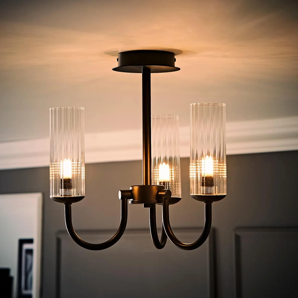 Canya 3 Way Chandelier Ceiling Light with Ribbed Shades - Matte Black / 1.11kg – image 5