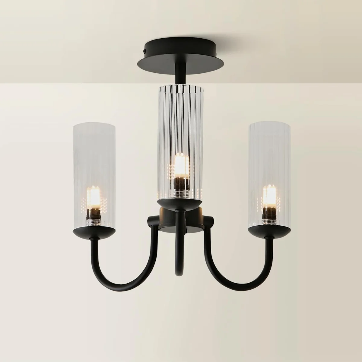 Canya 3 Way Chandelier Ceiling Light with Ribbed Shades - Matte Black / 1.11kg – image 6