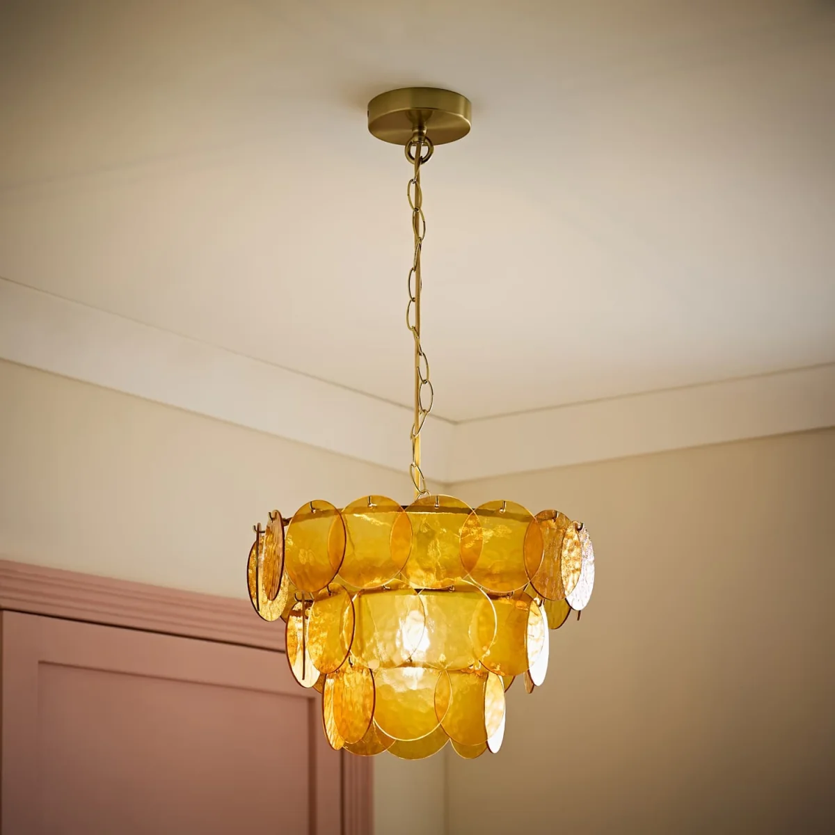 Juliette Dimpled Glass Disc 3 Tier Chandelier Ceiling Pendant Light - Orange / 2.7kg – image 8