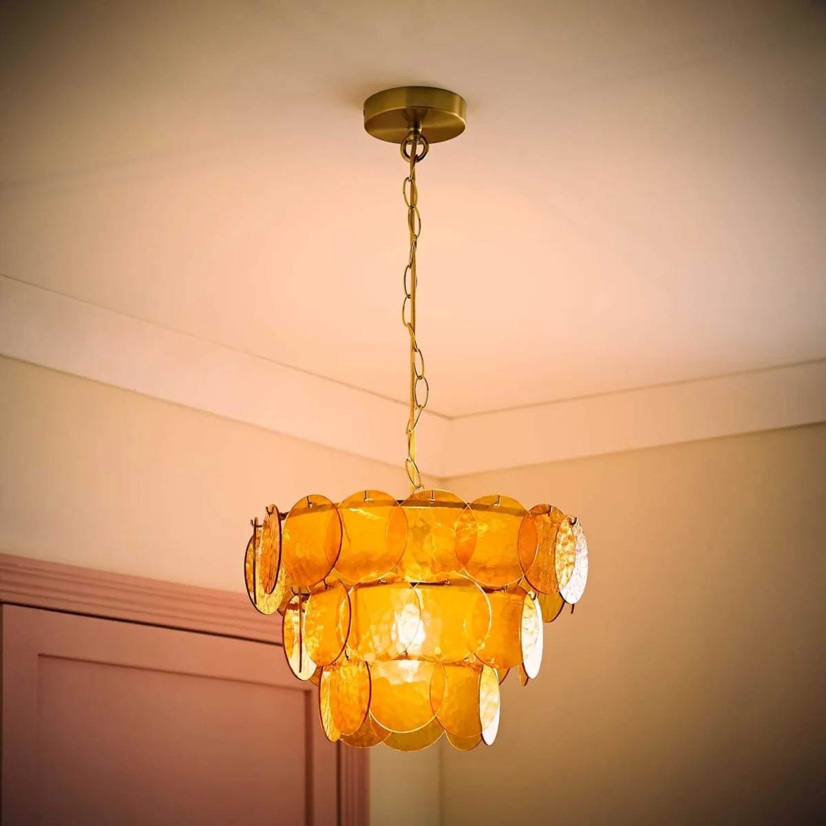 Juliette Dimpled Glass Disc 3 Tier Chandelier Ceiling Pendant Light - Orange / 2.7kg – image 9