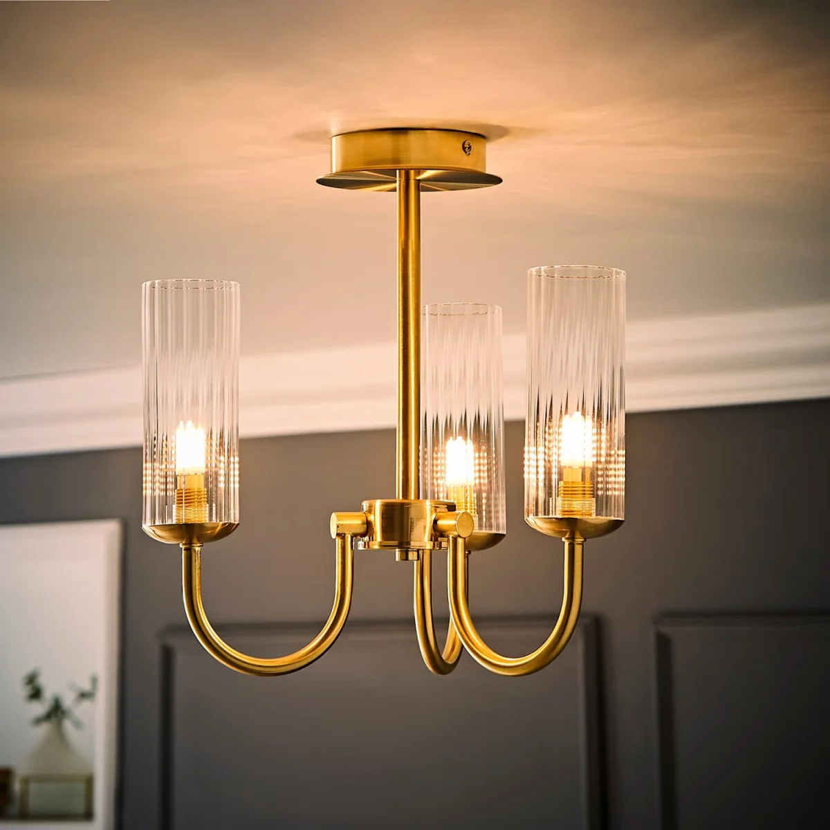 Canya 3 Way Chandelier Ceiling Light with Ribbed Shades - Brushed Gold / 1.1kg – image 5