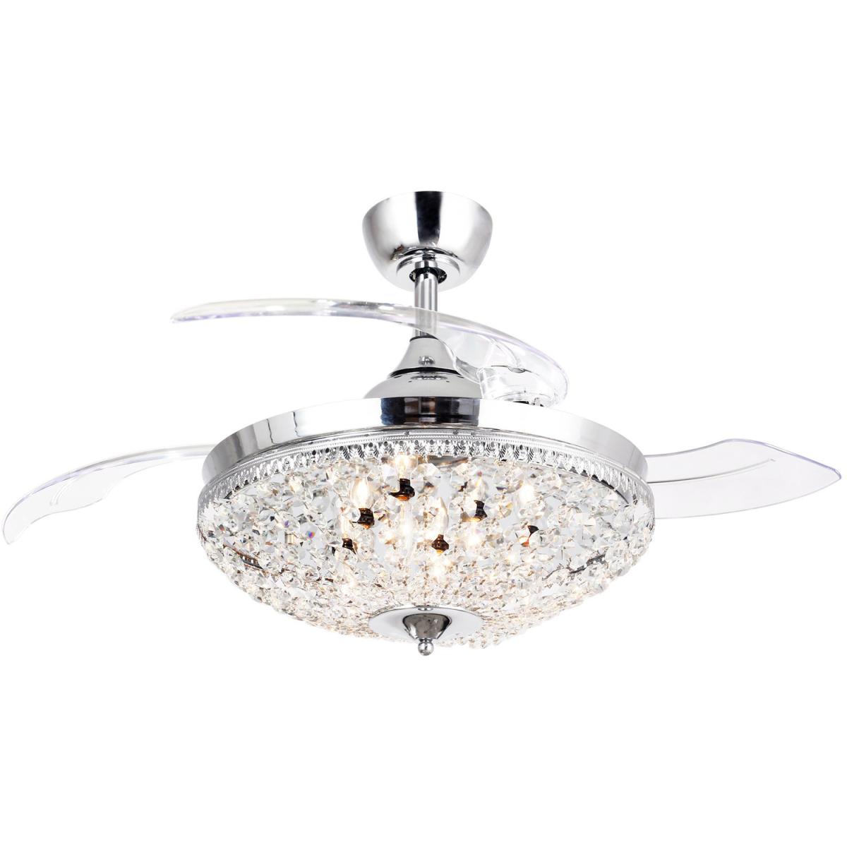 Retractable Blades Crystal Ceiling Fan Chandelier 3 Speed - Chrome – image 2
