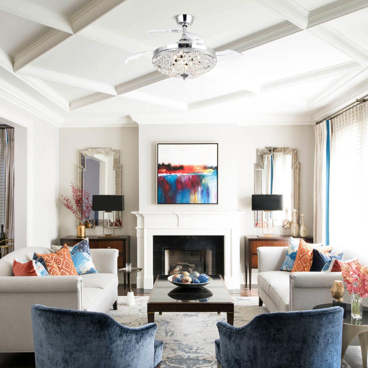 Retractable Blades Crystal Ceiling Fan Chandelier 3 Speed - Chrome – image 3