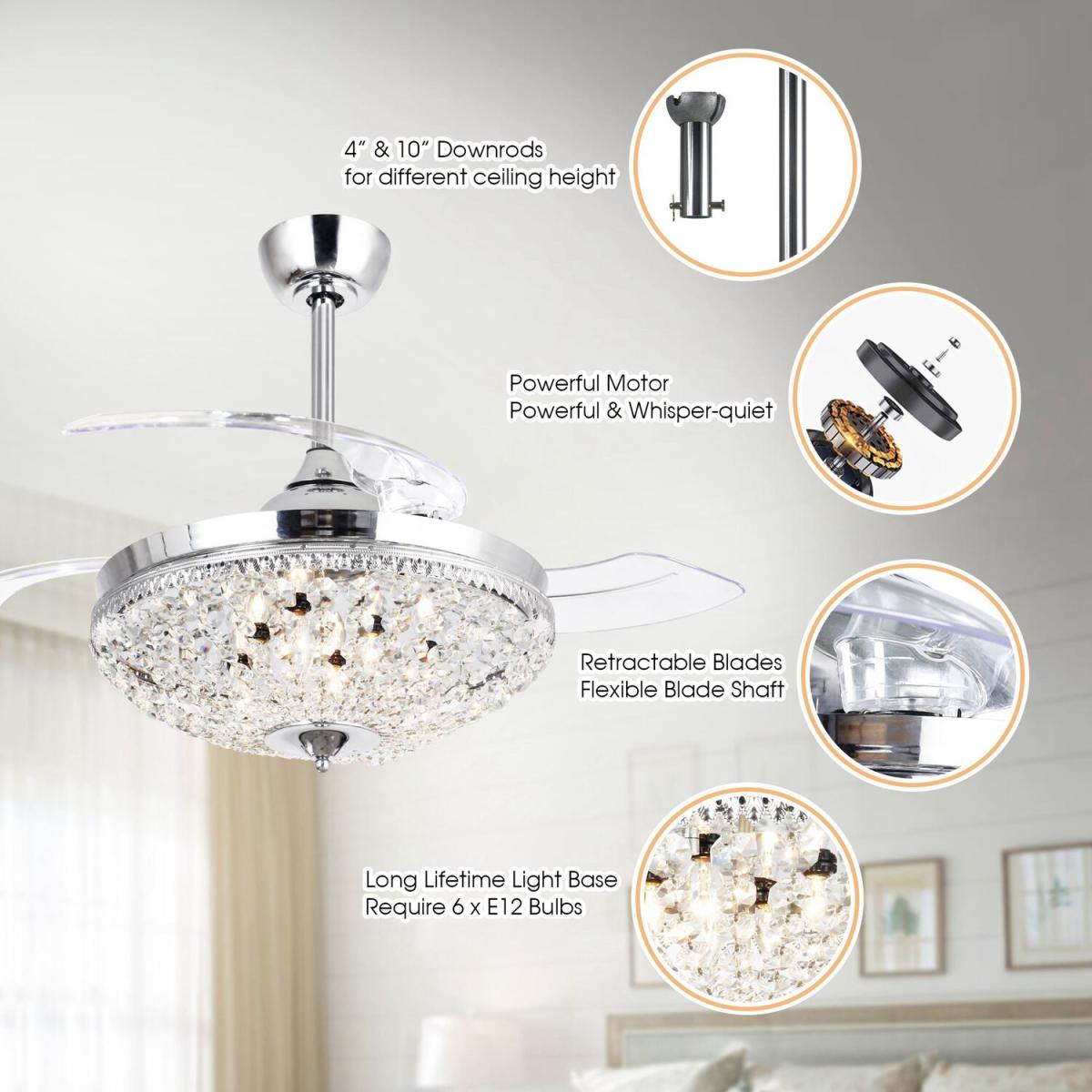 Retractable Blades Crystal Ceiling Fan Chandelier 3 Speed - Chrome – image 6