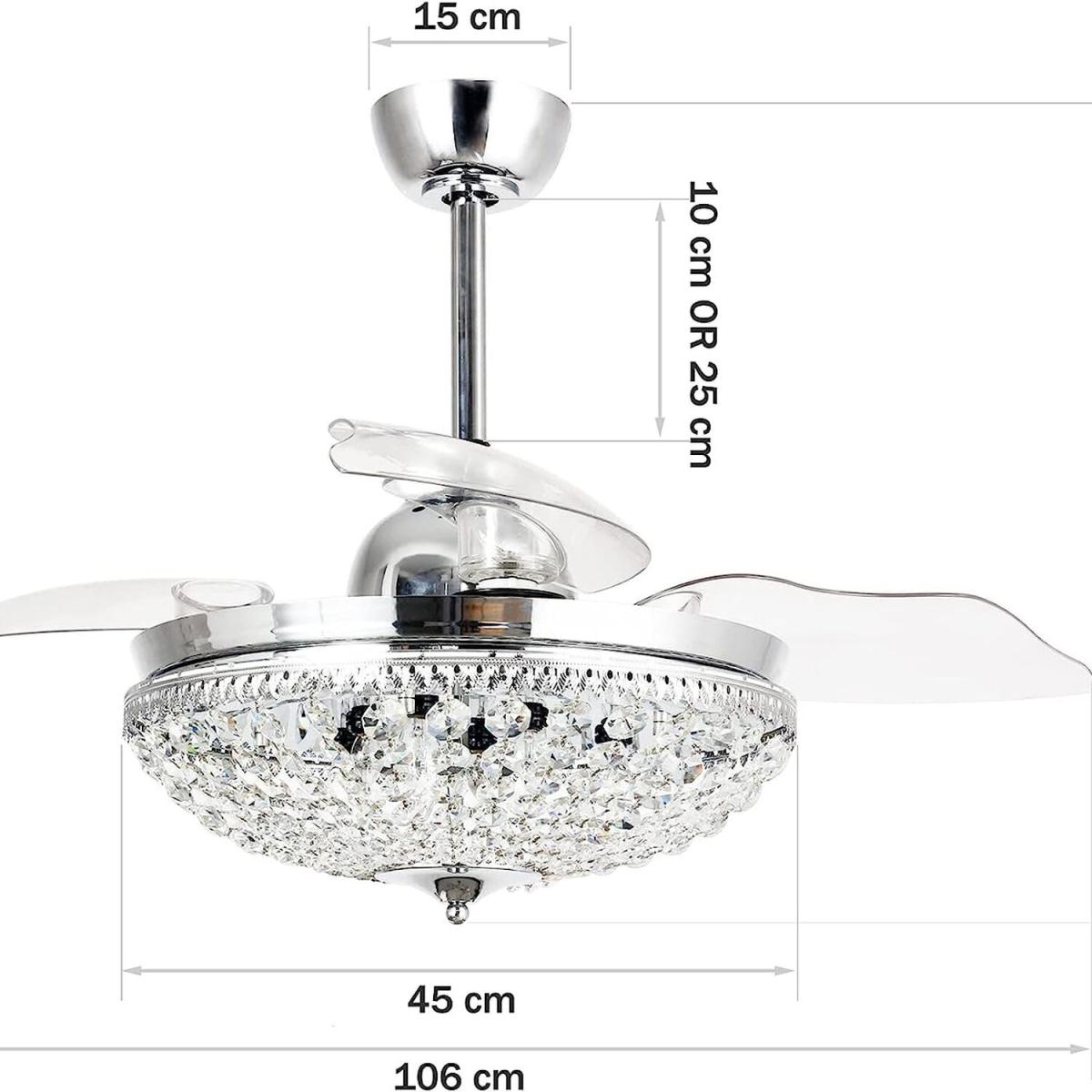 Retractable Blades Crystal Ceiling Fan Chandelier 3 Speed - Chrome – image 9