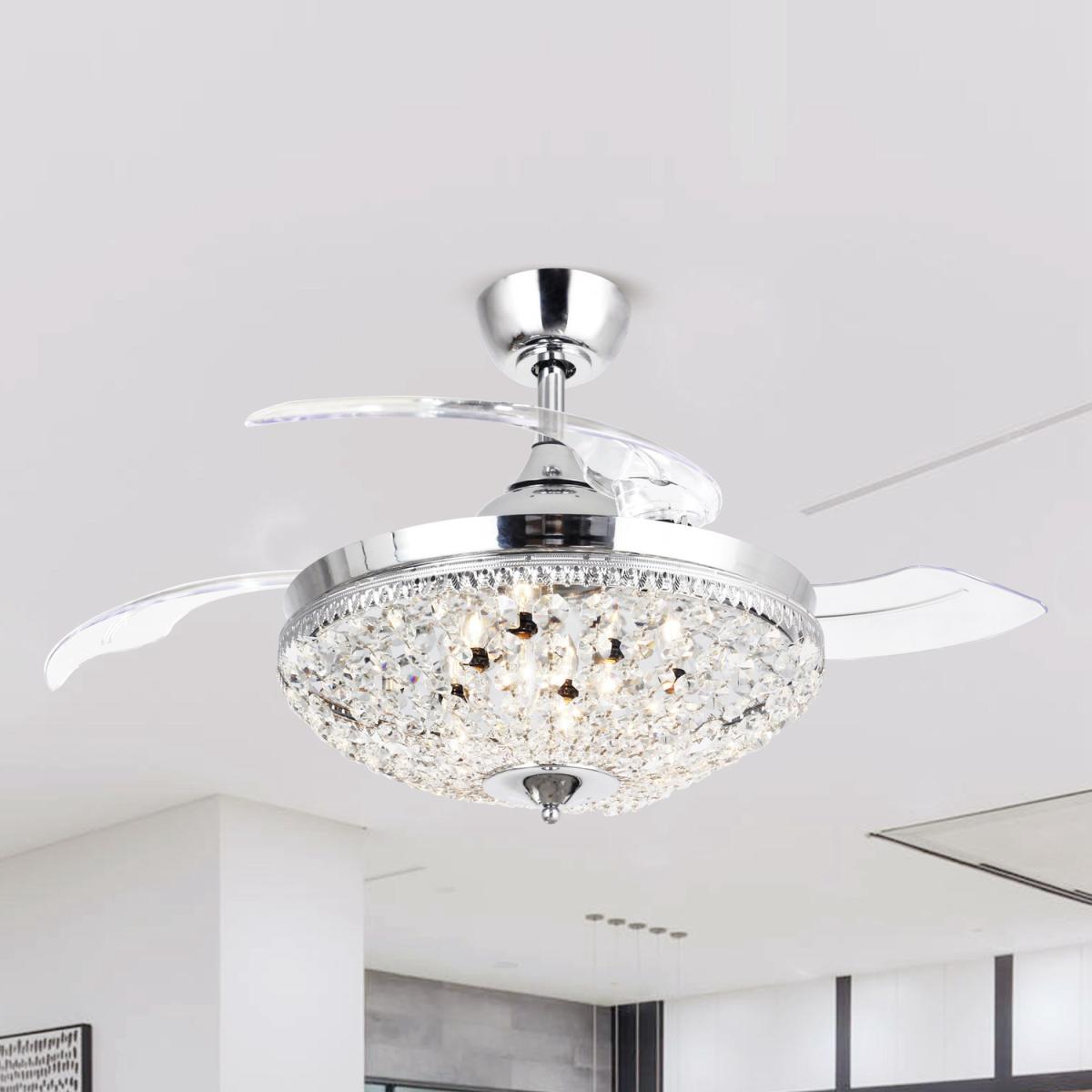 Retractable Blades Crystal Ceiling Fan Chandelier 3 Speed - Chrome – image 1