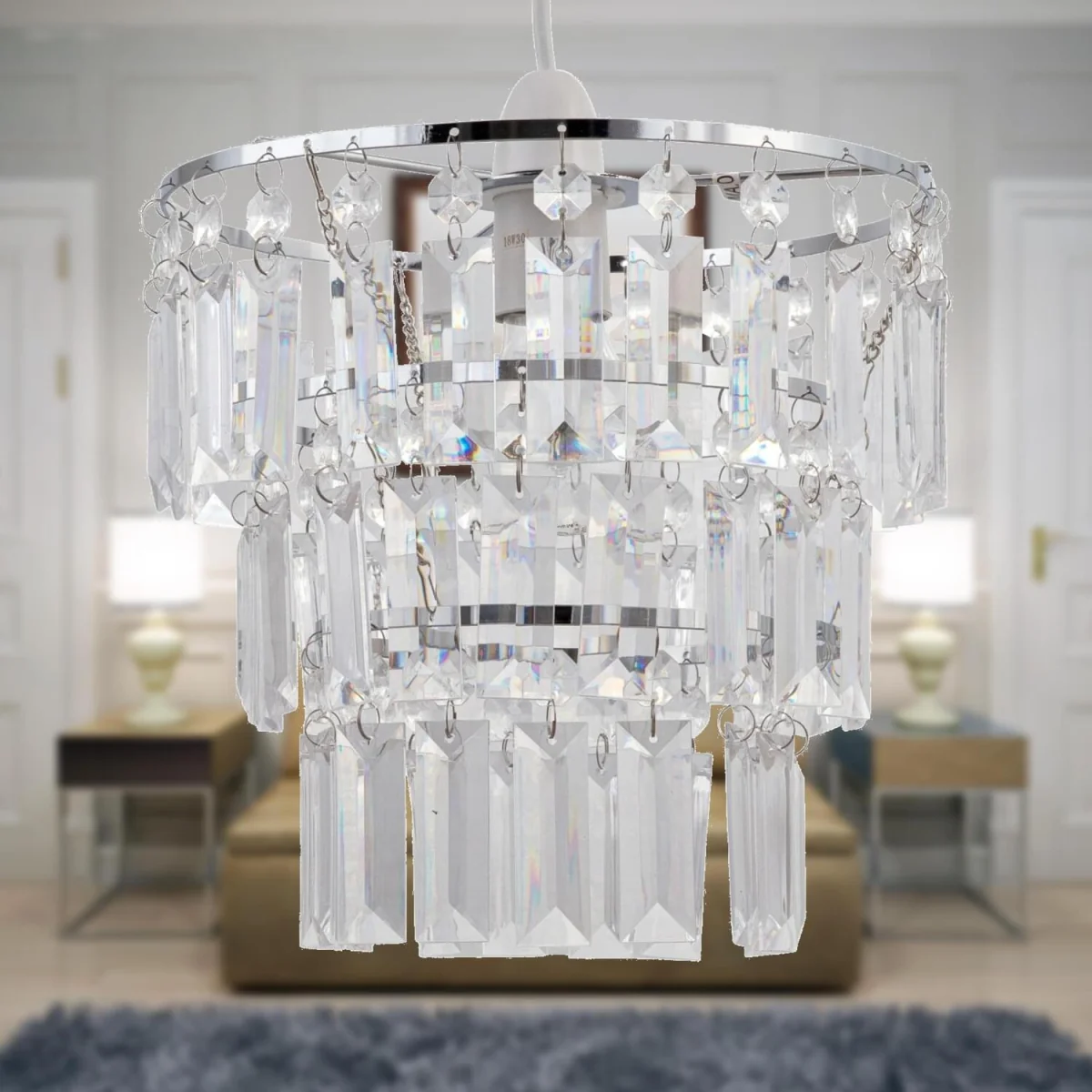 Scarlett Easy Fit Jewelled Pendant Shade - Clear Acrylic With Polished Chrome Plate Detail – image 7