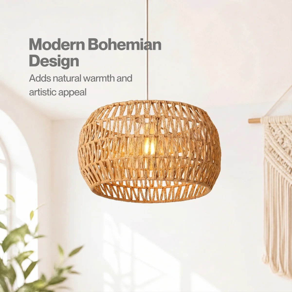 Lamp Shade Boho Paper Rope Light Shade Metal Frame Bedroom Yellow - Yellow – image 5