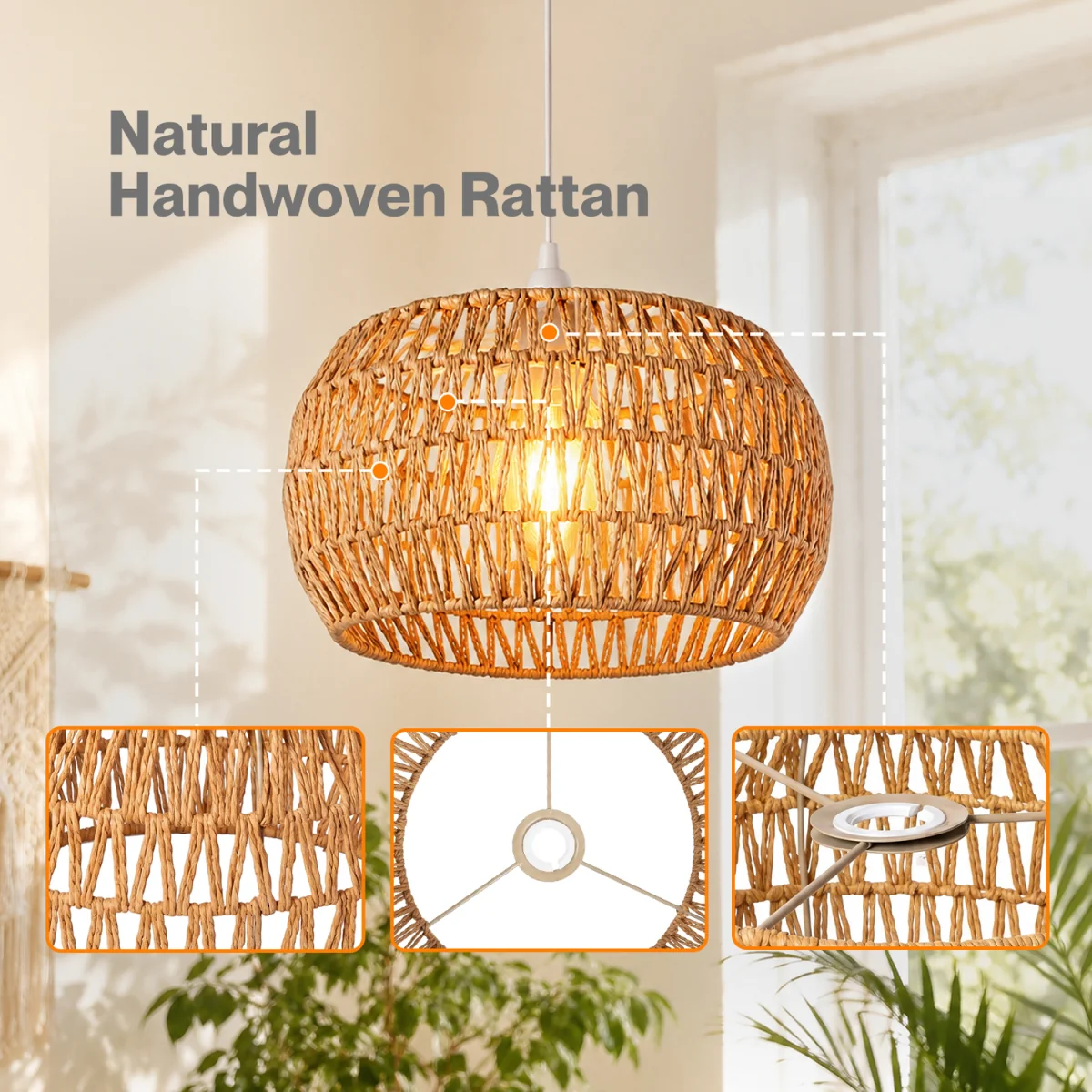 Lamp Shade Boho Paper Rope Light Shade Metal Frame Bedroom Yellow - Yellow – image 6