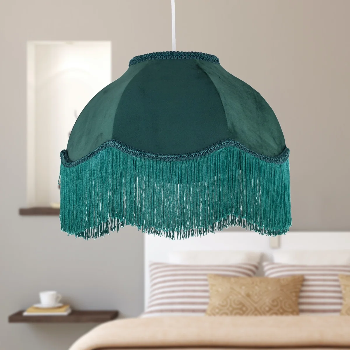 Fringe Easy Fit Fabric Pendant Shade - Green Velvet – image 3
