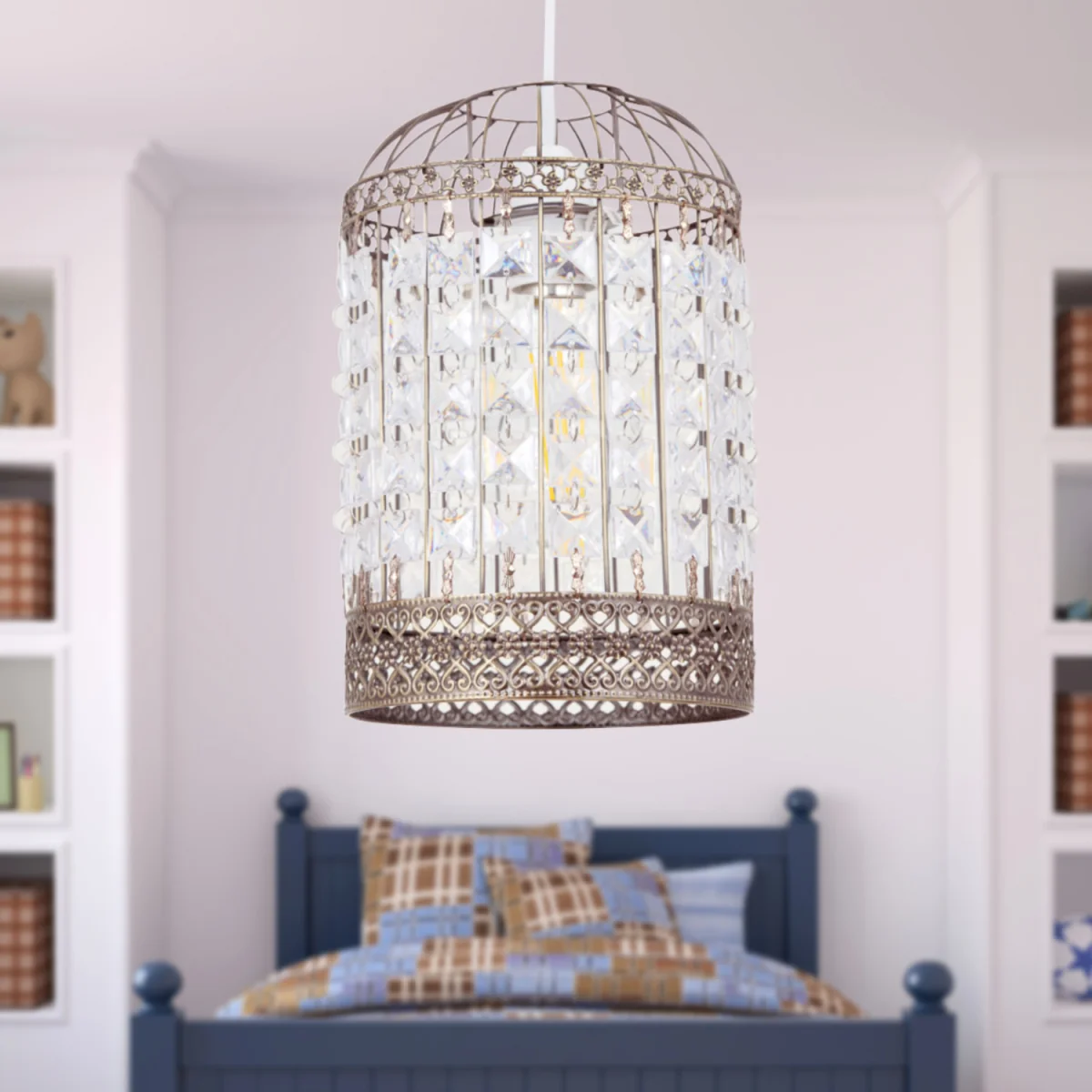 Martil Easy Fit Jewelled Pendant Shade - Clear Acrylic With Antique Brass Plate Detail – image 2