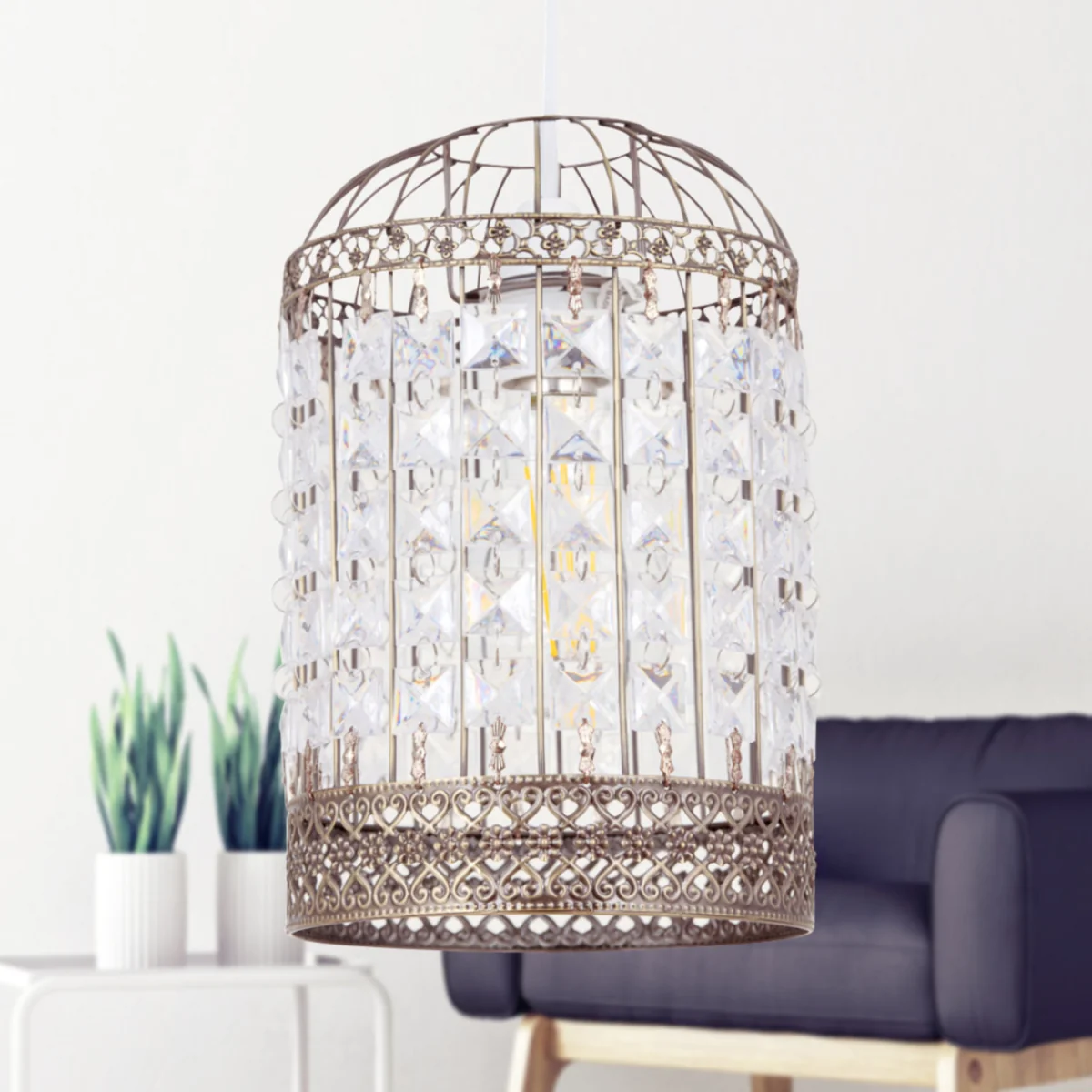 Martil Easy Fit Jewelled Pendant Shade - Clear Acrylic With Antique Brass Plate Detail – image 4