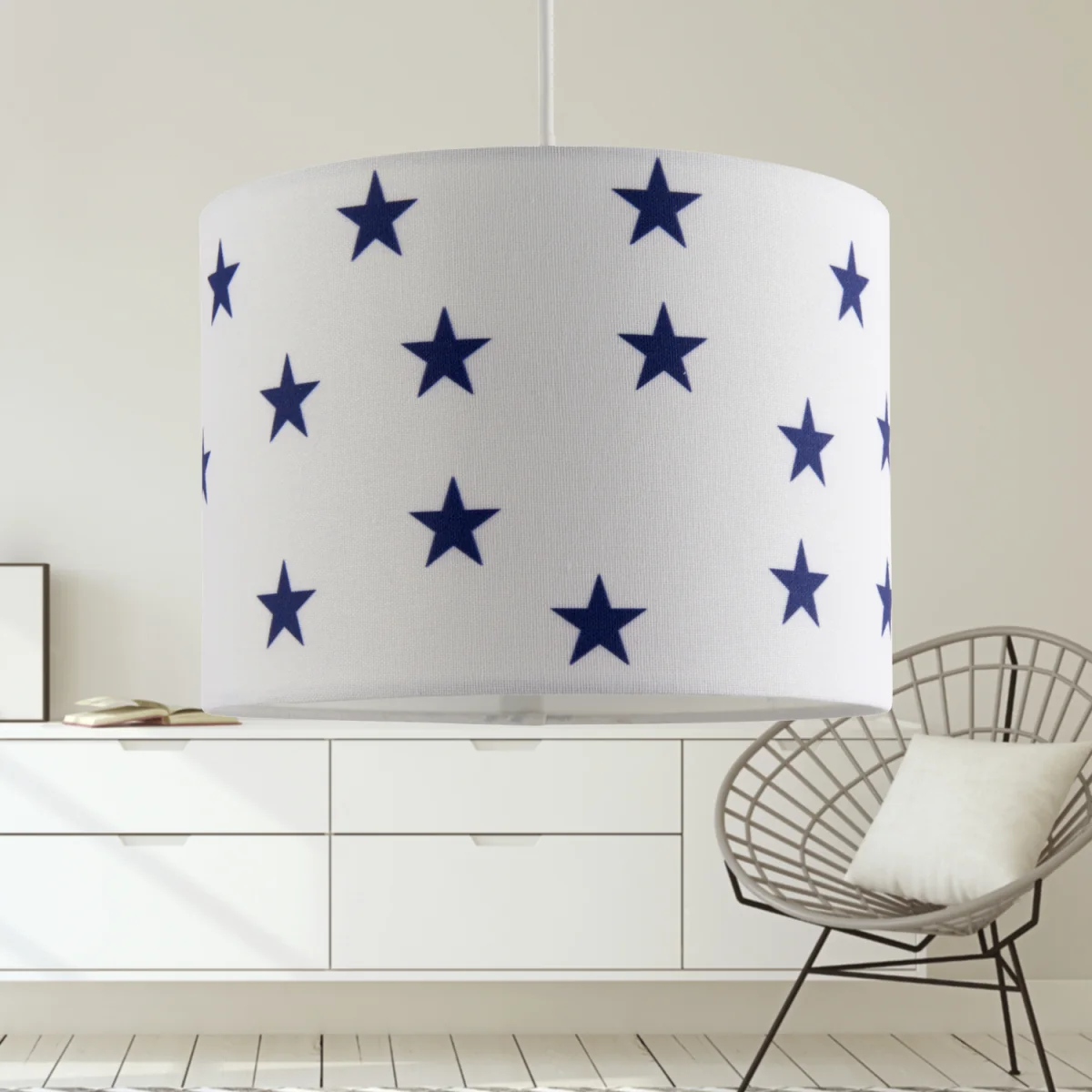 Navy Stars Easy Fit Fabric Pendant Shade - White With Blue Stars Digital Print – image 4