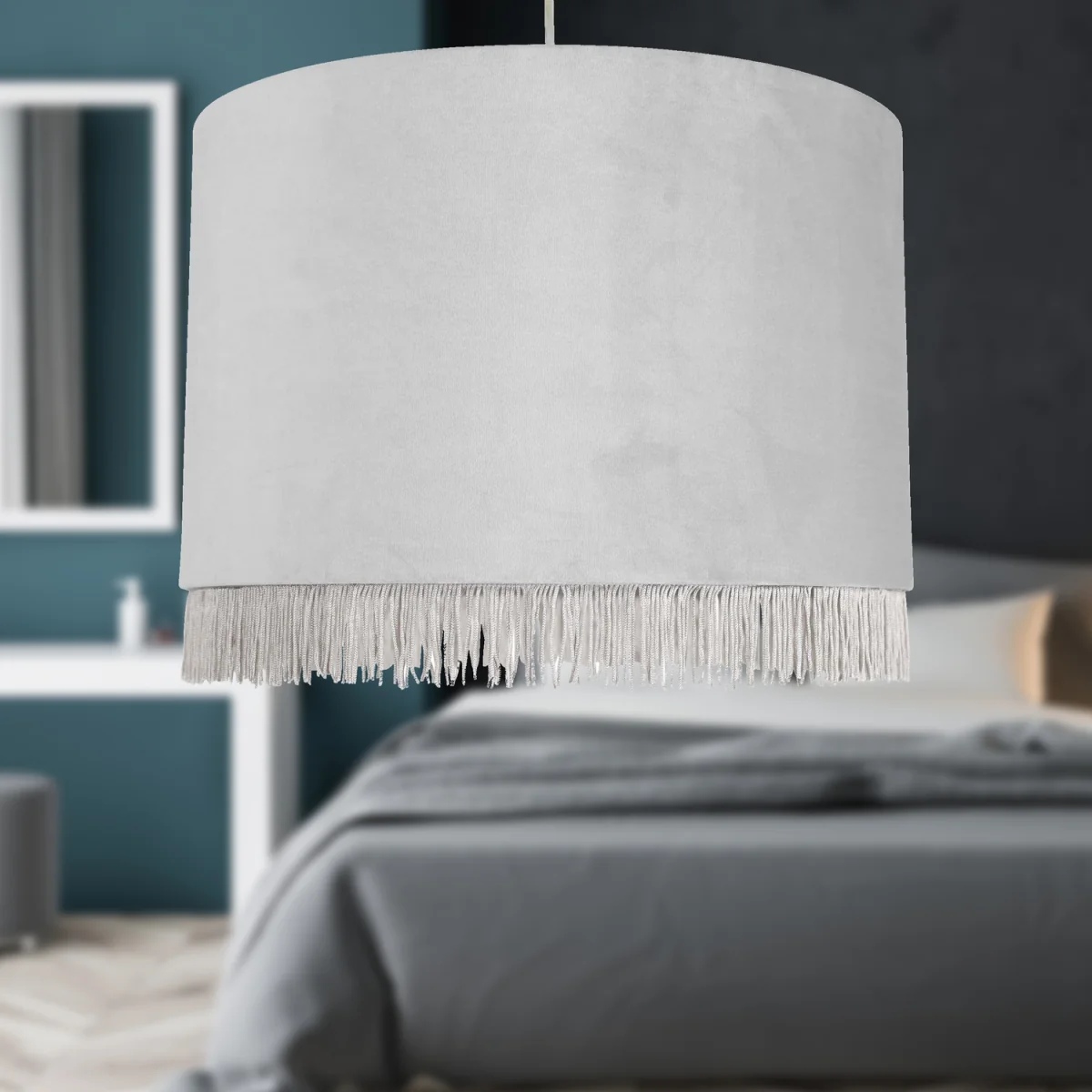 Set Of 2 Fringed Easy Fit Fabric Pendant Shades - Silver Velvet – image 2