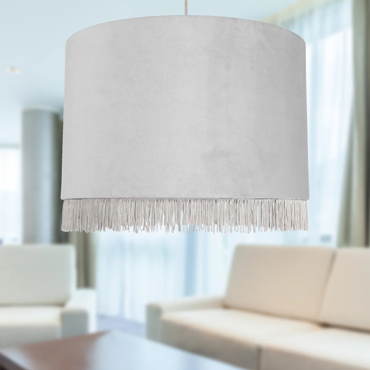 Set Of 2 Fringed Easy Fit Fabric Pendant Shades - Silver Velvet – image 5