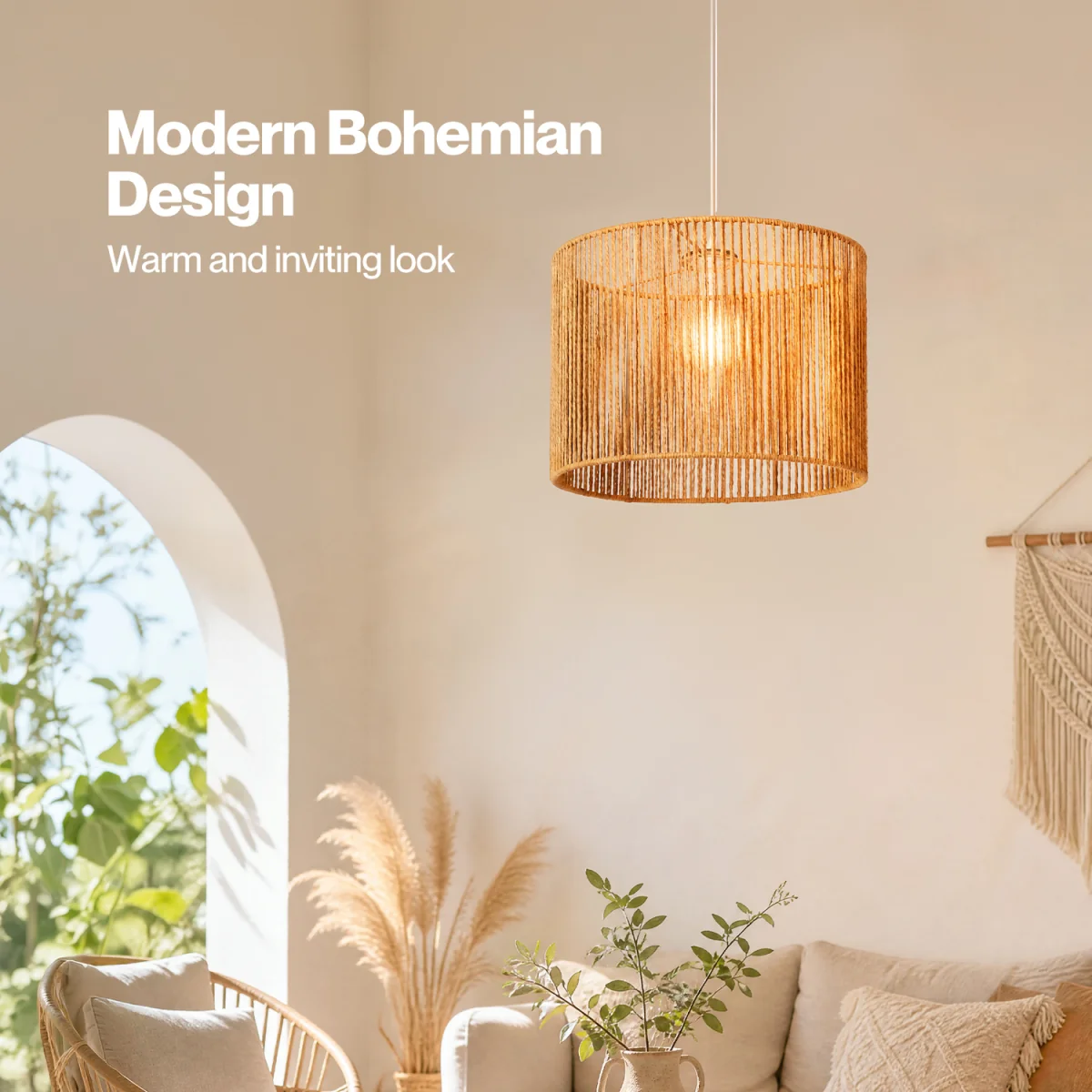 Lampshade Boho Woven Paper Rope Wide Compatibility,Iron Frame Yellow - Yellow – image 4