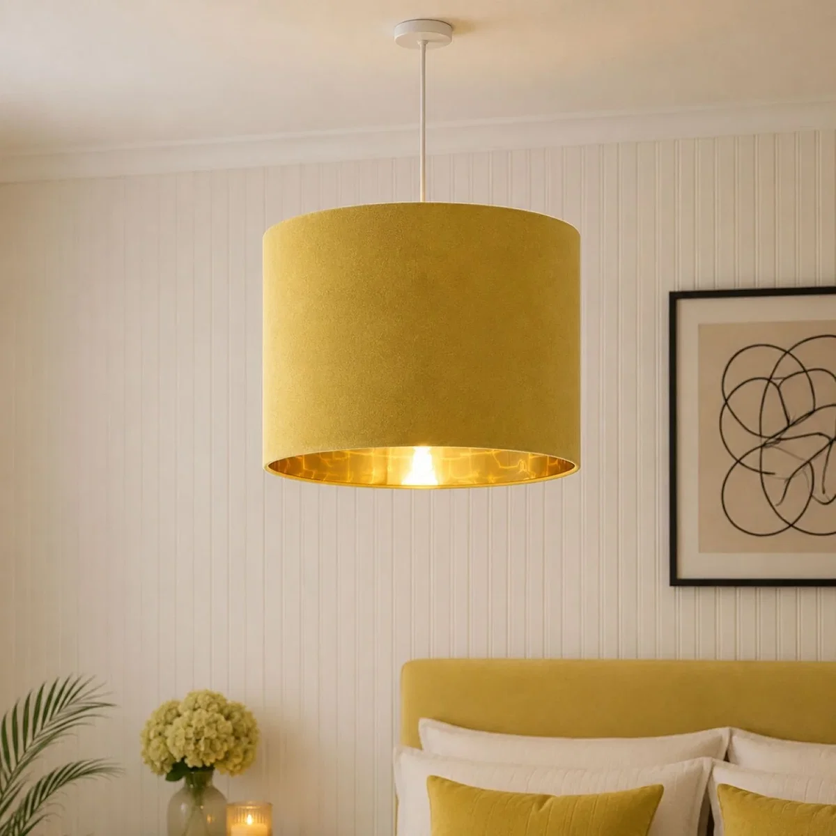 CGC NILA Mustard Yellow Velvet Drum Lampshade with Gold Inner. - Mustard Yellow