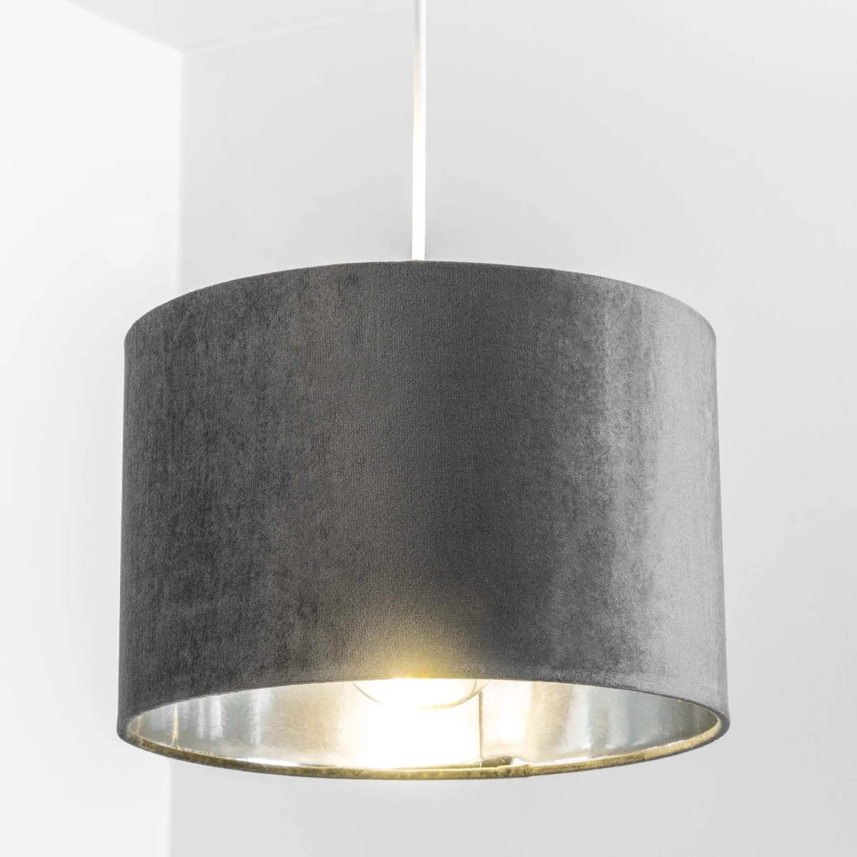 CGC NILA Luxury Grey Velvet Drum Lamp Shade with Silver Inner. - Grey Velvet & Silver – image 2