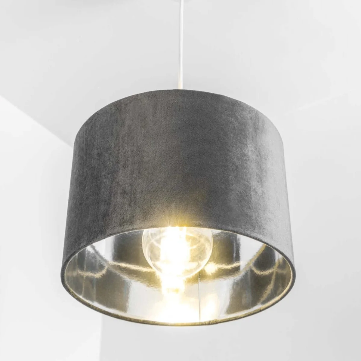CGC NILA Luxury Grey Velvet Drum Lamp Shade with Silver Inner. - Grey Velvet & Silver – image 7
