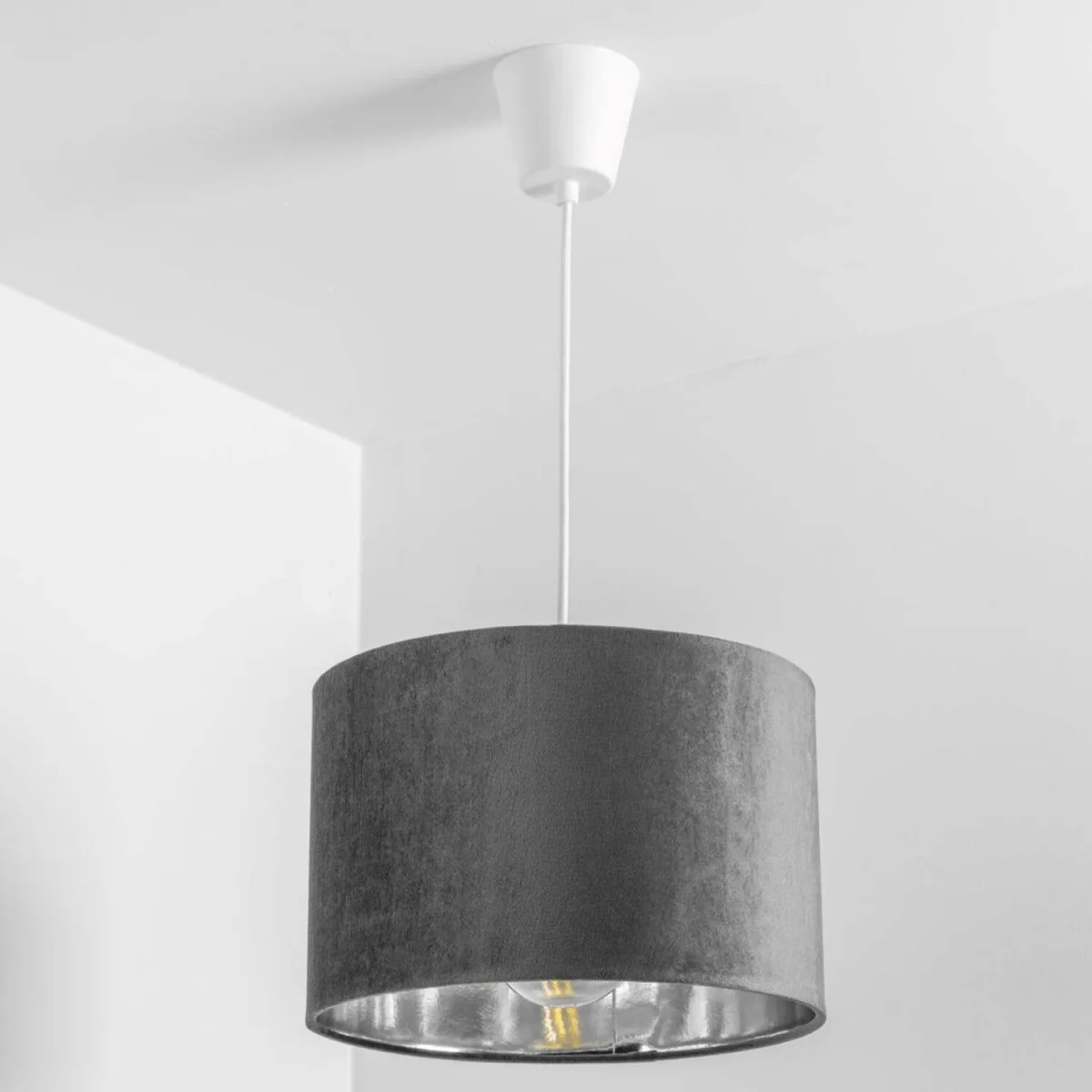 CGC NILA Luxury Grey Velvet Drum Lamp Shade with Silver Inner. - Grey Velvet & Silver – image 9