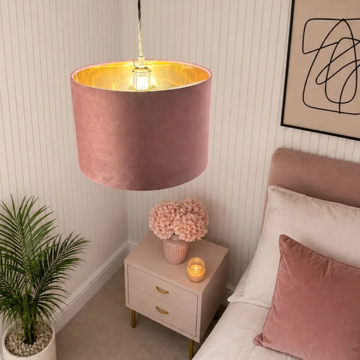 CGC NILA Luxury Mauve Velvet & Gold Inner Round Pendant Drum Lamp Shade - Mauve