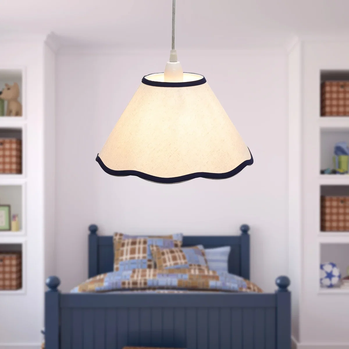 Libby Natural Linen With Navy Blue Trim 27cm Pendant Or Lamp Shade - White & Blue – image 3
