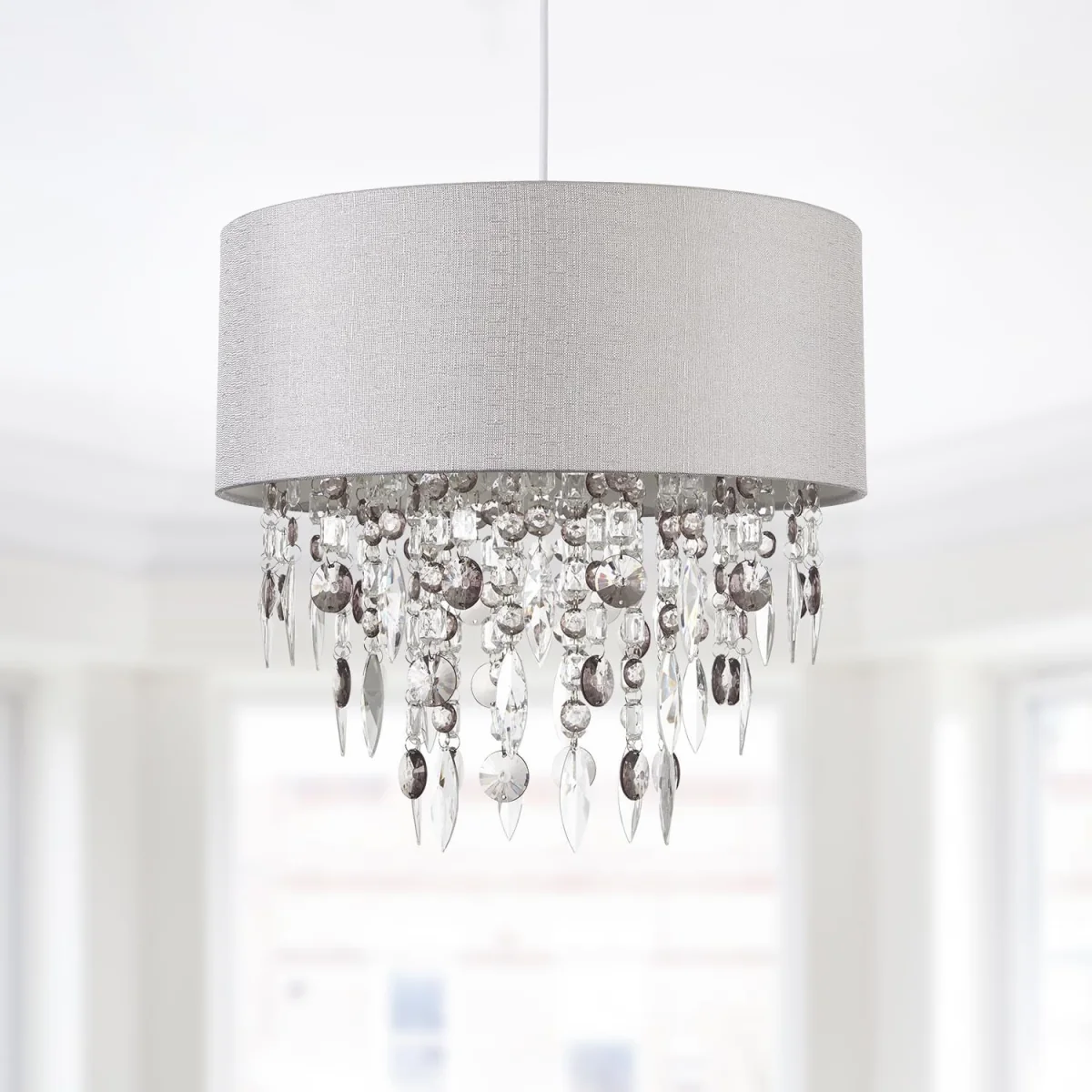 Large 40cm Easy Fit Shade In Grey With Acrylic Droplets - Grey – image 2