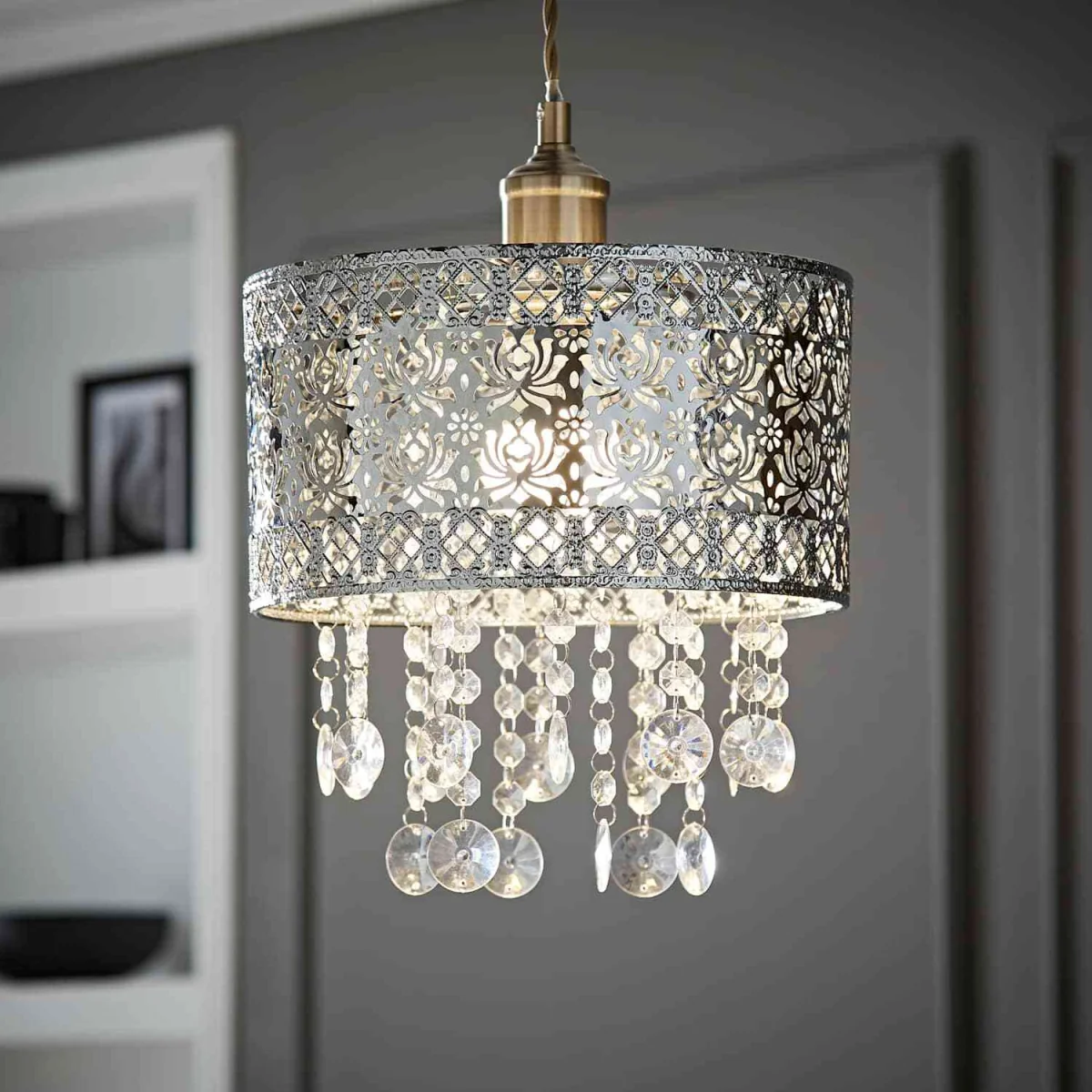 Enna Silver Easy Fit Moroccan Pendant Shade With Acrylic Jewel Droplets - Silver – image 2