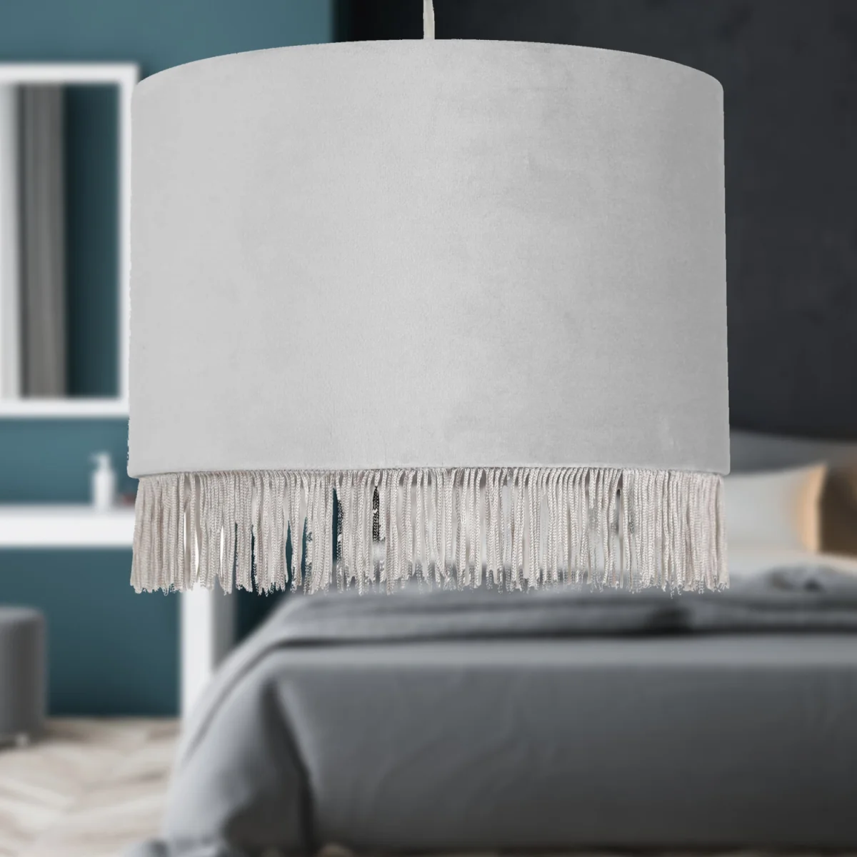 Fringed Silvery Grey 23cm Fringed Velvet Pendant Shade - Silver – image 4
