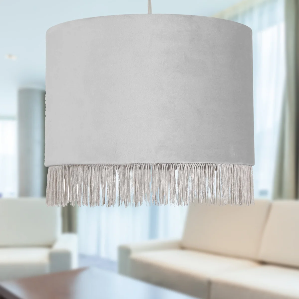 Fringed Silvery Grey 23cm Fringed Velvet Pendant Shade - Silver – image 5