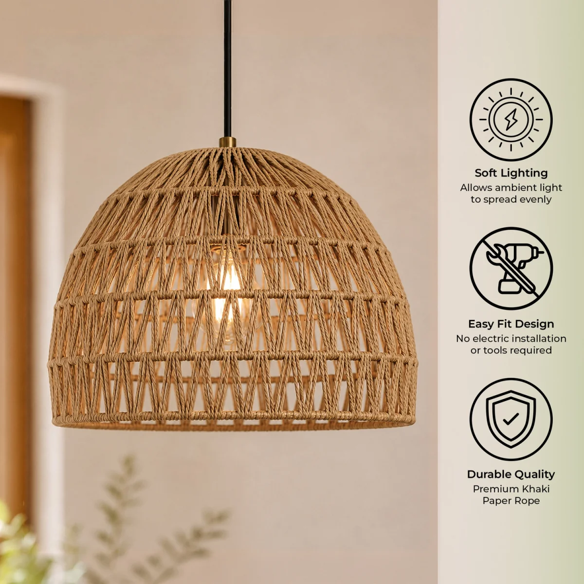 Rope Woven Dome Light Shade With Natural Basket Weave - Natural – image 2