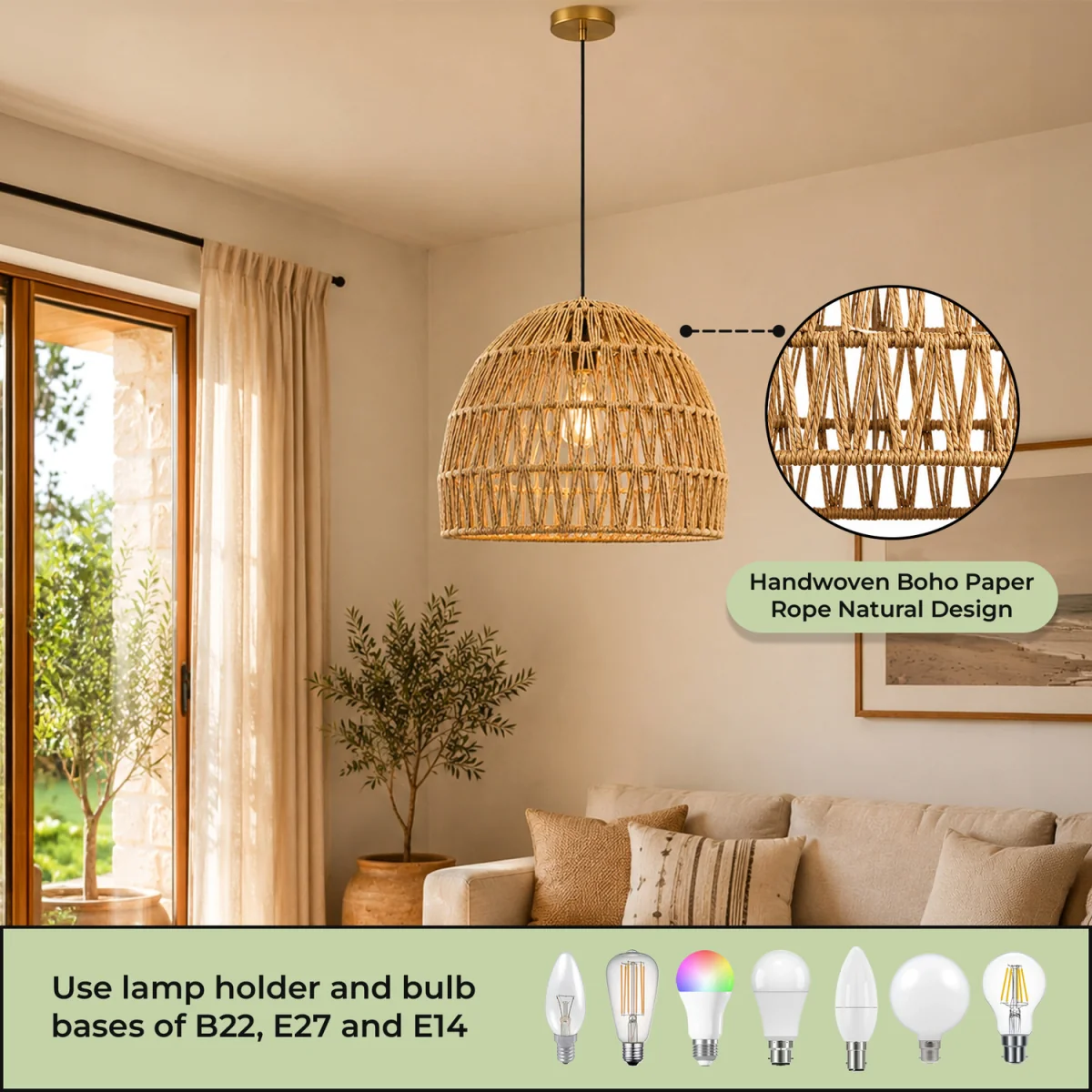Rope Woven Dome Light Shade With Natural Basket Weave - Natural – image 3