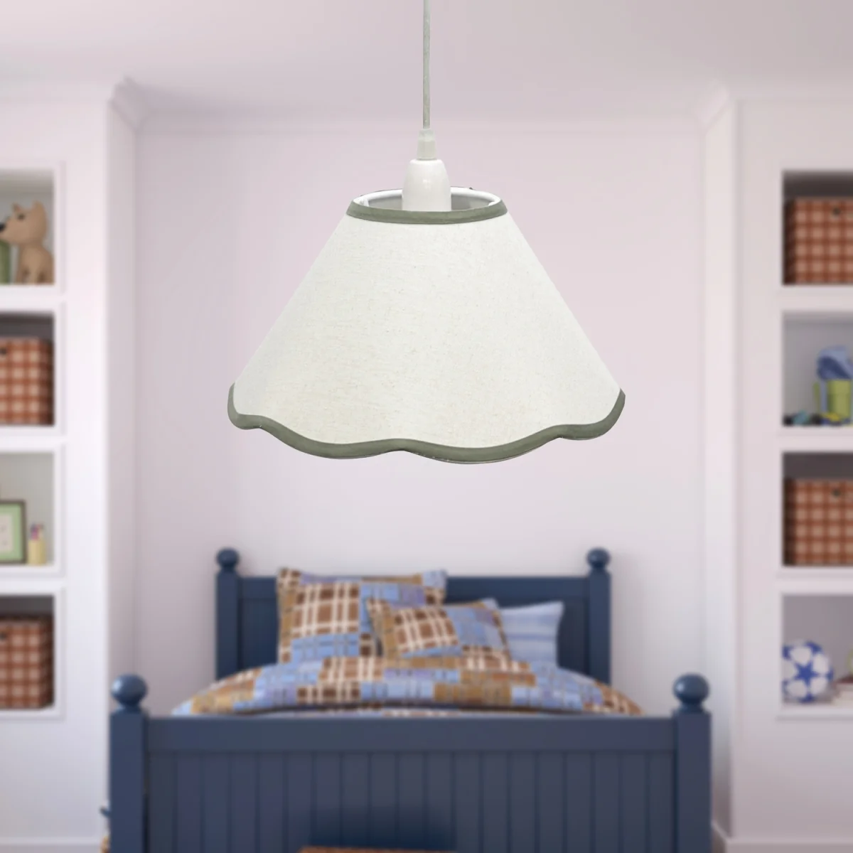 Libby Easy Fit Fabric Pendant Shade - White Linen With Sage Green Cotton Detail – image 4