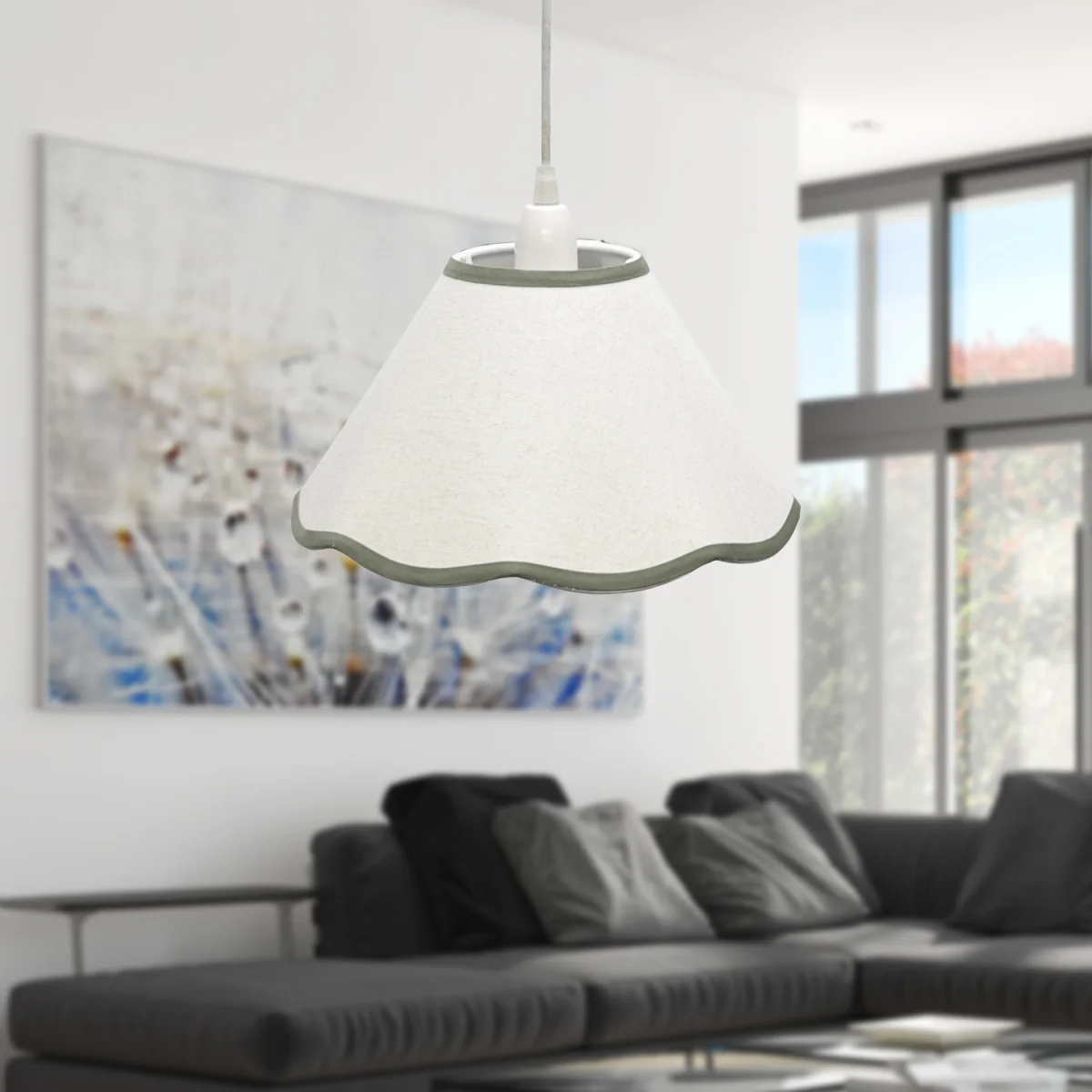 Libby Easy Fit Fabric Pendant Shade - White Linen With Sage Green Cotton Detail – image 5