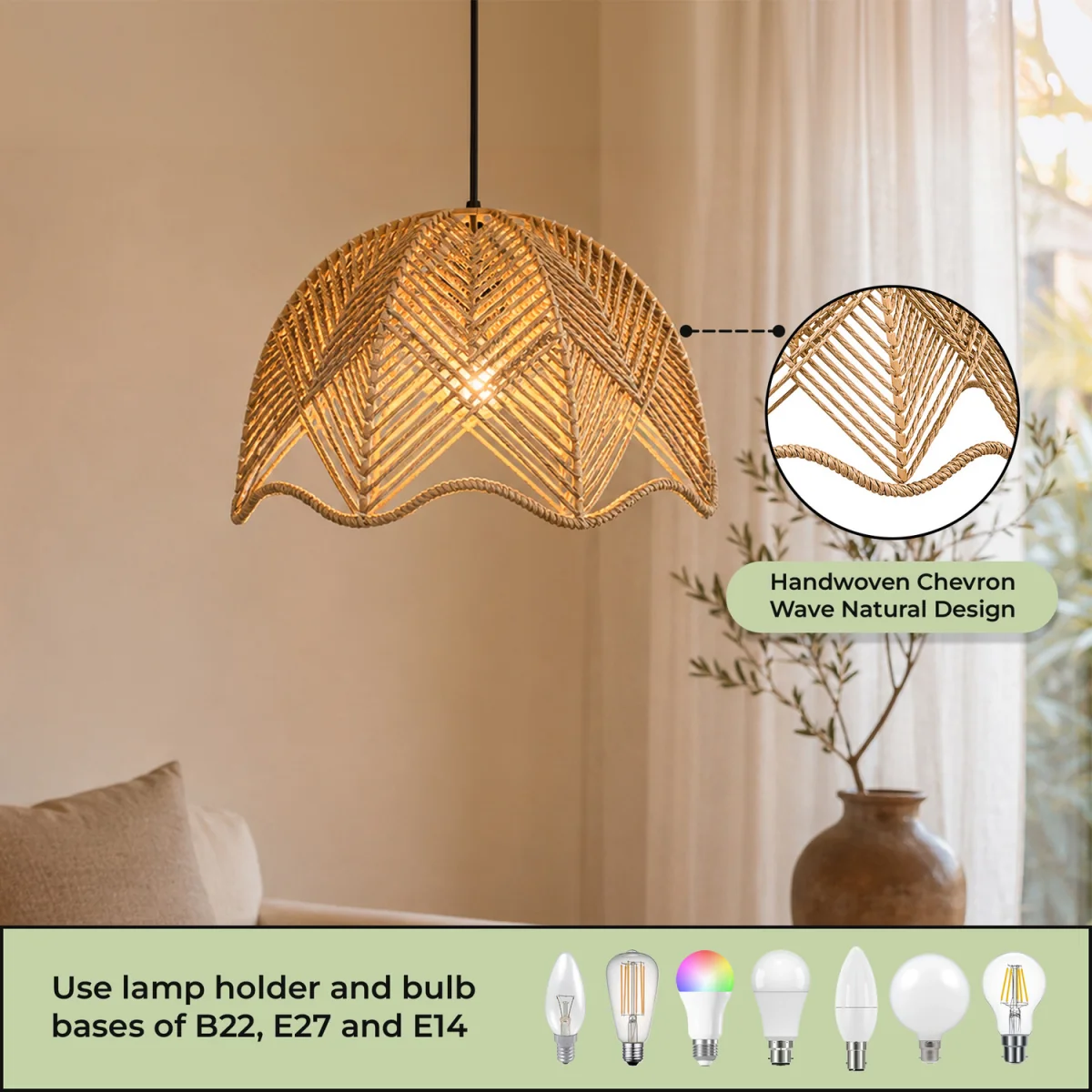 Woven Rope Light Shade Chevron Weave With Scalloped Edge - Natural – image 2