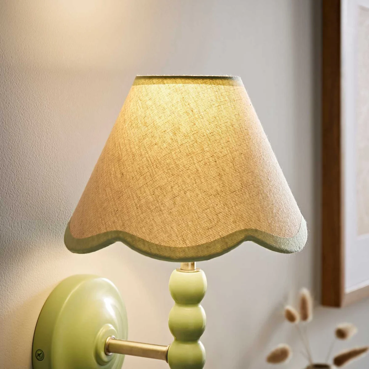 Florie Natural Linen Tapered Scalloped Pastel Trim Mini Lamp Shade - Linen / No - Sage Green – image 3