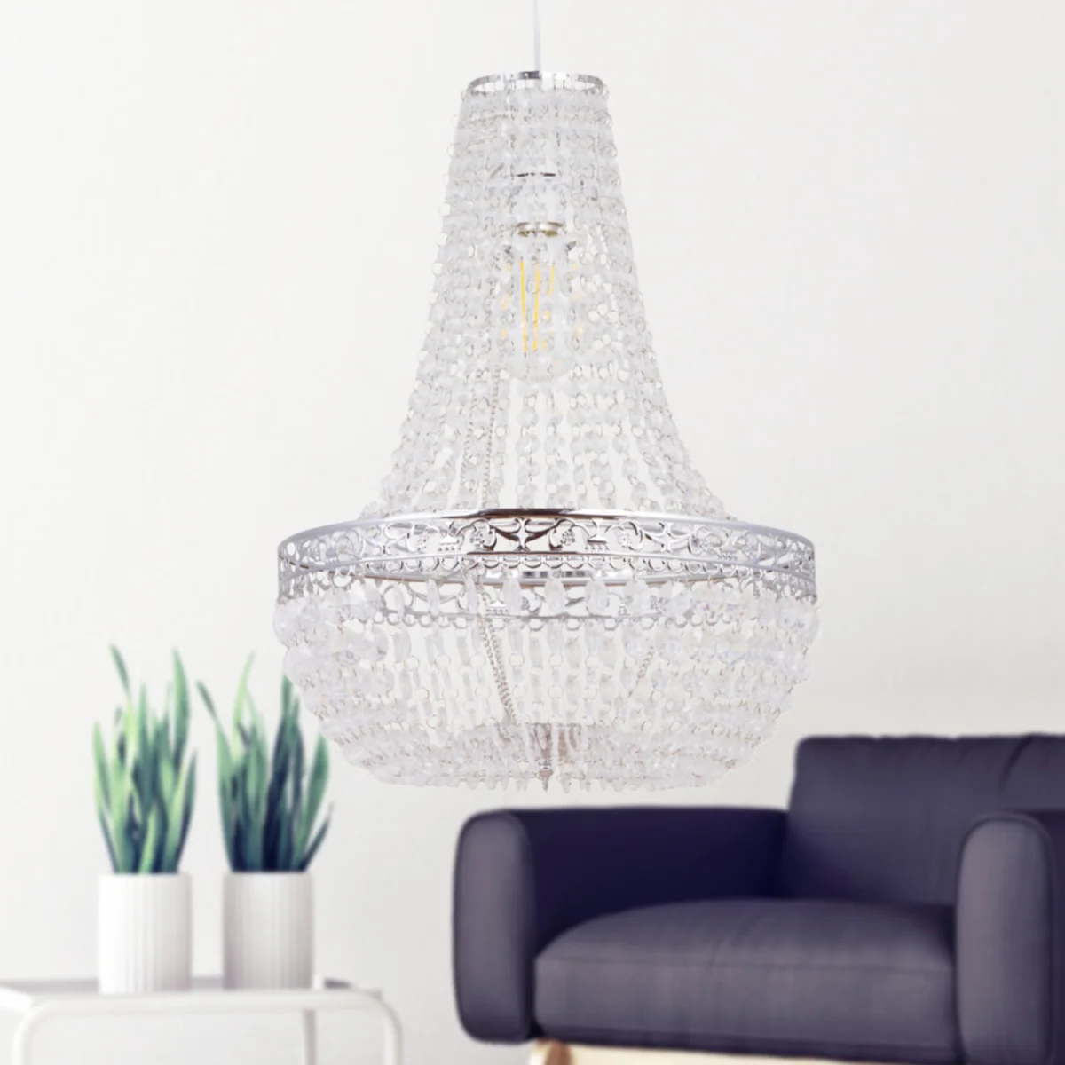 Marino Easy Fit Jewelled Pendant Shade - Clear Acrylic With Polished Chrome Plate Detail – image 5