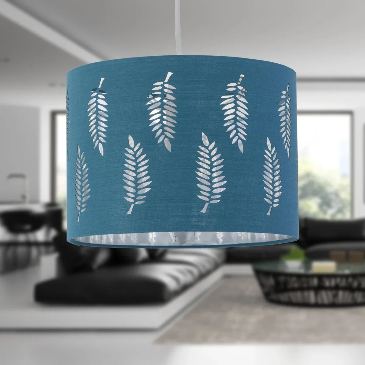 Set Of 2 Fern Easy Fit Fabric Pendant Shades - Teal Cotton With Silver Inner Detail – image 2