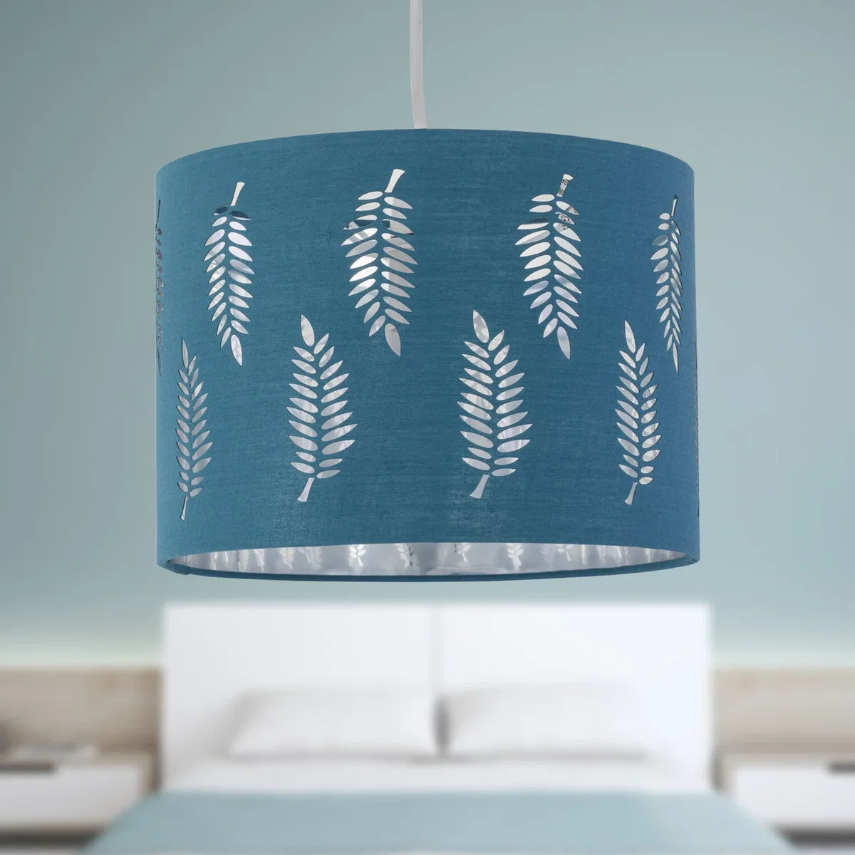 Set Of 2 Fern Easy Fit Fabric Pendant Shades - Teal Cotton With Silver Inner Detail – image 6